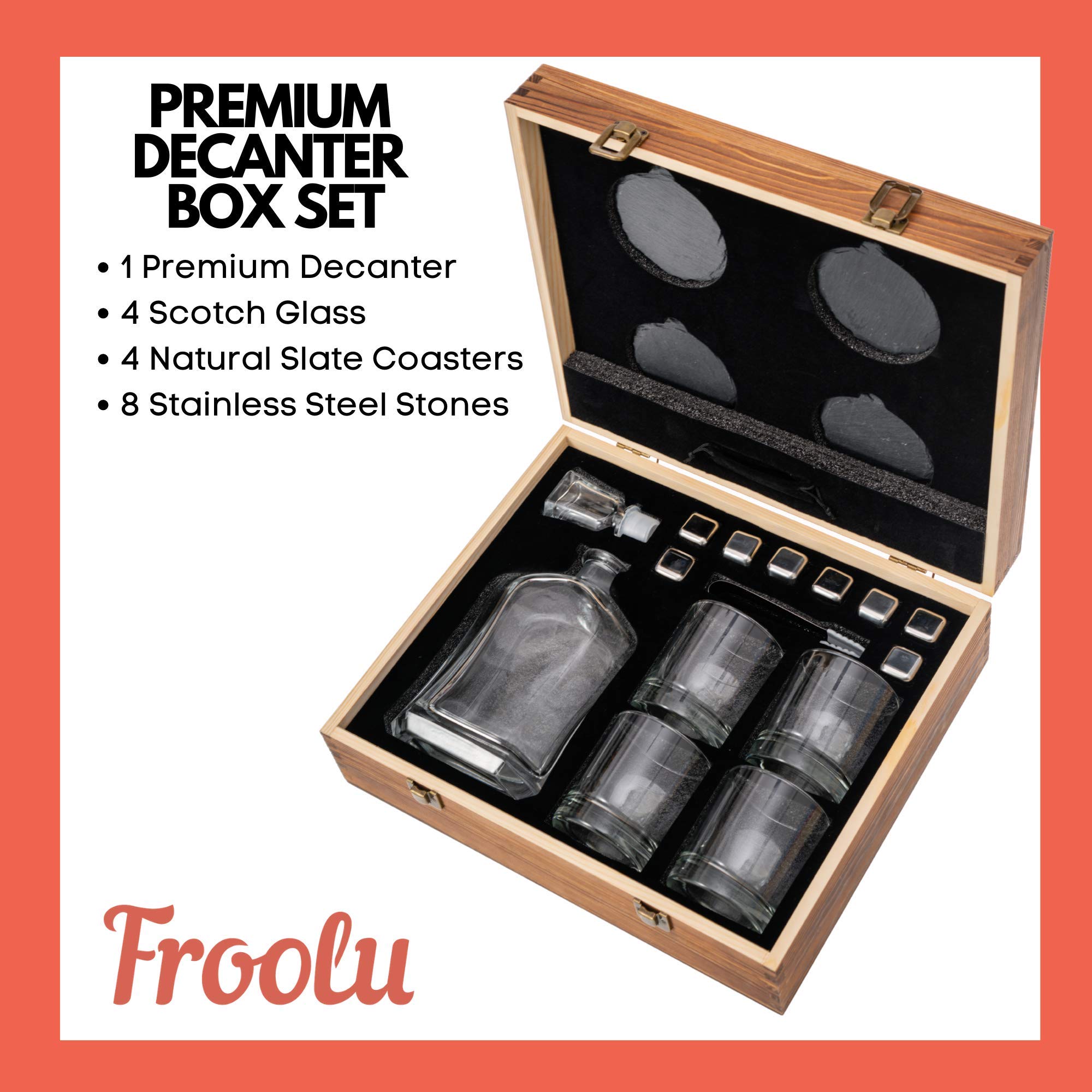 Premium Whiskey Decanter Set with 4 Scotch Glasses & Accessories - Elegant Wooden Gift Box for Men, Husband, Dad - Perfect for Home Bar, Anniversary, Birthday & Holiday Gifts - Whiskey Lover's Essential for Chilling & Serving Bourbon, Scotch & Liquor