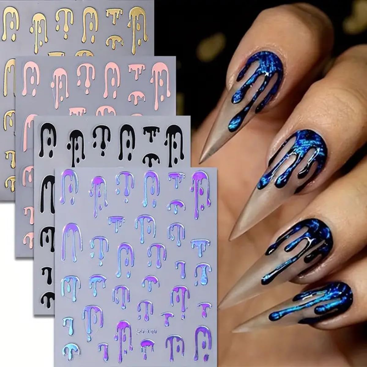 Halloween Nail Art Stickers - 4PCS Black, Gold, Rose Gold, Laser Silver Blood Drop Design 3D Self-Adhesive Nail Decals for Nail Art Decorations | Perfect for Halloween Parties, Costume Events & Spooky Nail Designs