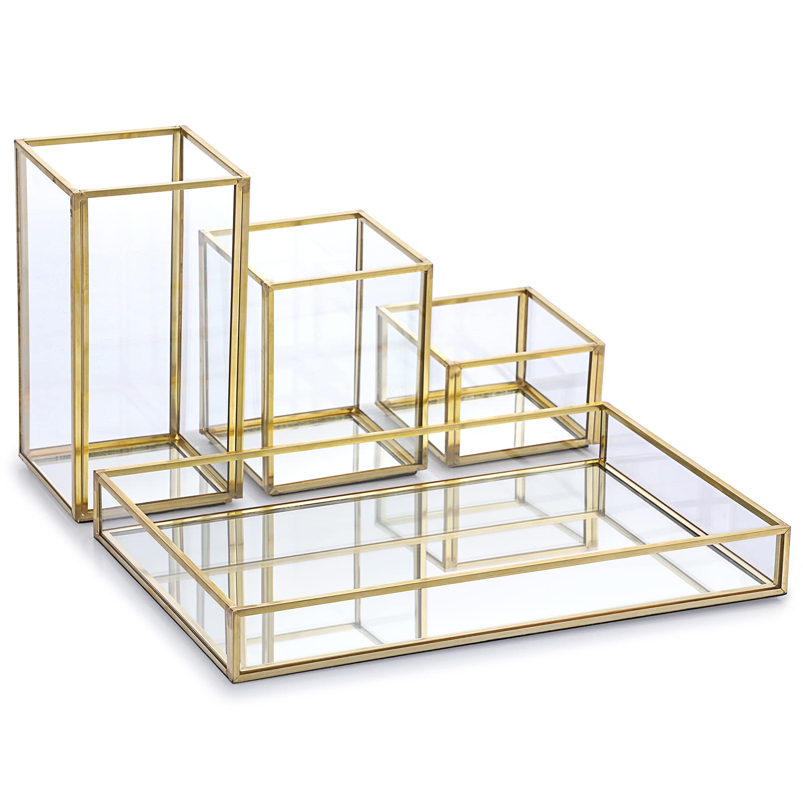 Tolida Gold Glass Cosmetic Organizer Set - Stackable Makeup Brush Holder, Jewelry Tray & Vanity Mirror Tray | Perfect for Dresser, Bathroom & Bedroom Organization | Elegant Storage Solution for Makeup Brushes, Eyeliners, Pens & Accessories