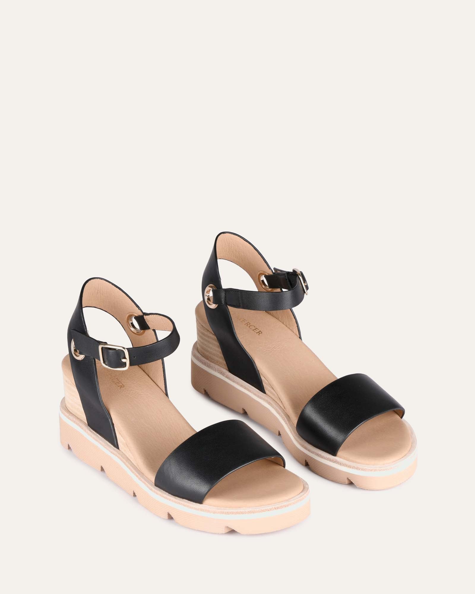 KATIE Women's Black Leather Mid Heel Wedge Sandals - Comfortable & Stylish for Summer, Beach, Parties & Casual Outings