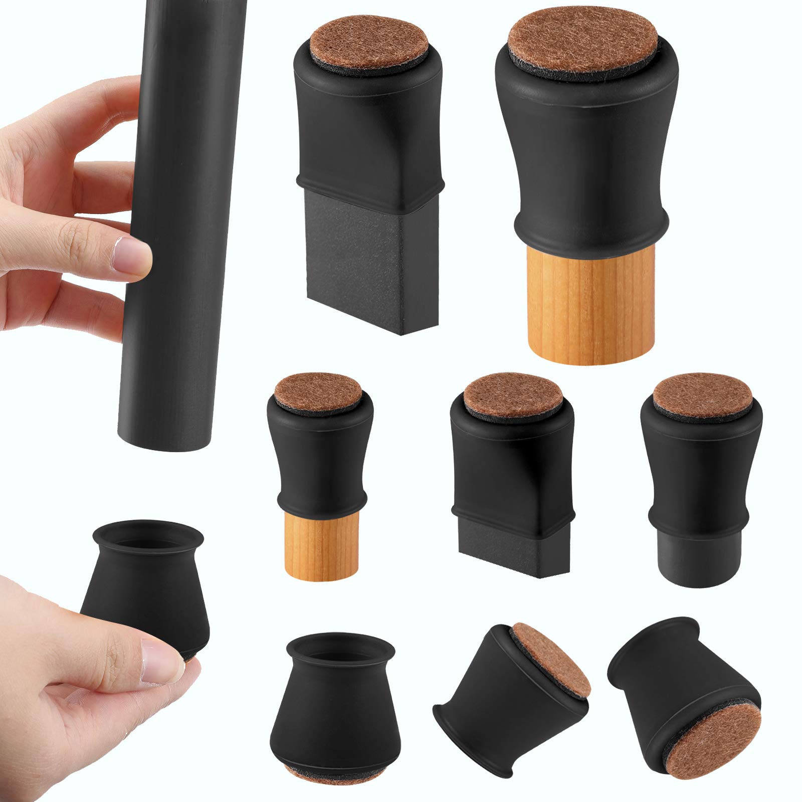 Black Silicone Chair Leg Floor Protectors with Felt - 16 Pcs Furniture Leg Caps for Hardwood Floor Protection (1.2