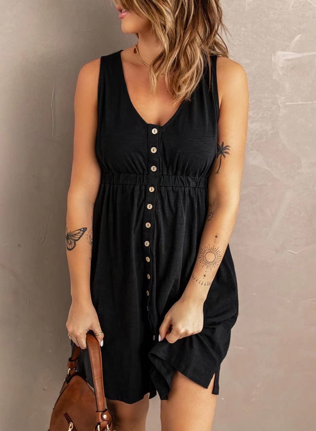 FEKOAFE Women's Summer V-Neck Ruffle Short Sleeve Casual Dress - Solid Color Flowy Dress for Beach, Party & Everyday Wear 2023