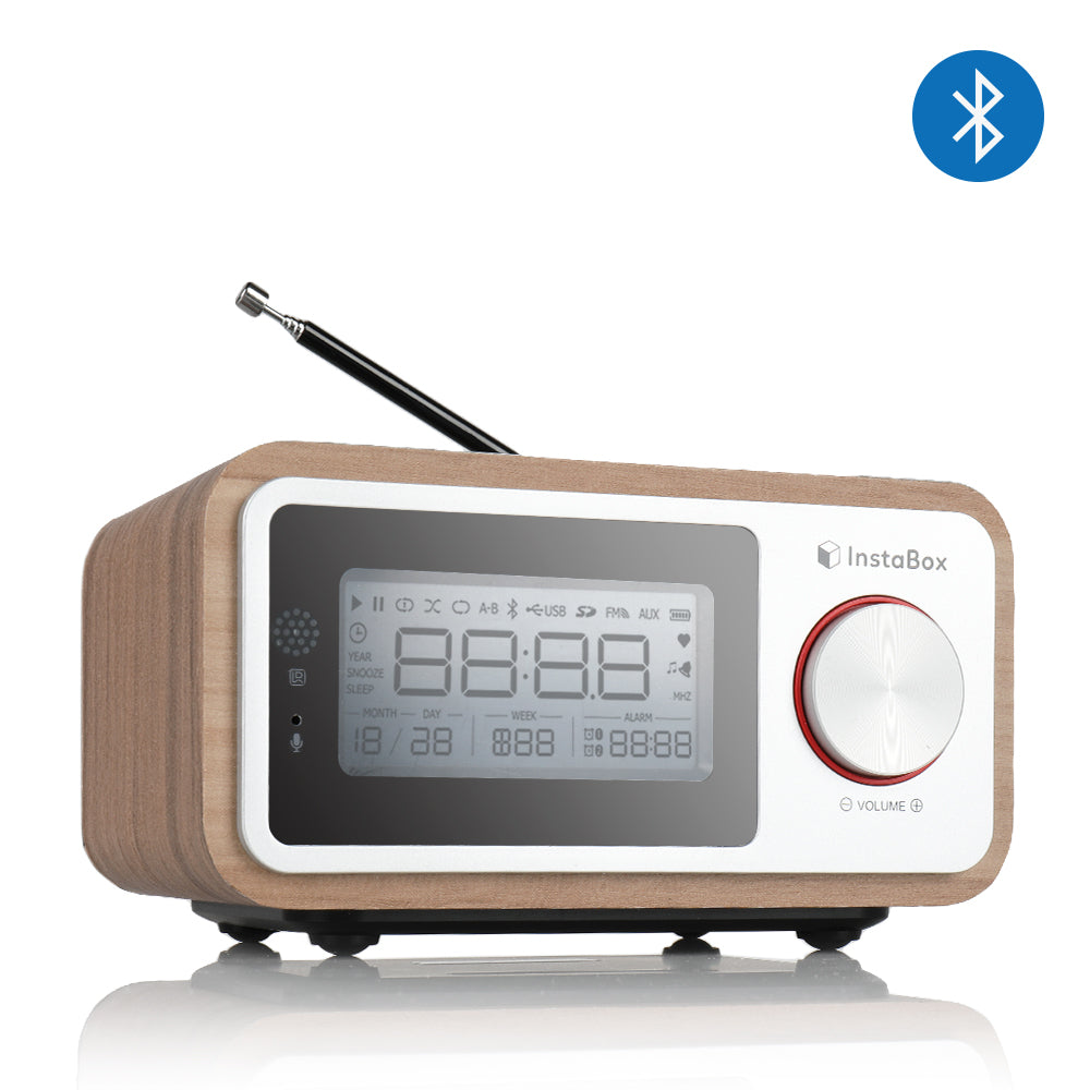 Instabox i30 Wooden Clock Radio with Bluetooth Speaker - Vintage Style Alarm Clock & Wireless Music Player for Bedroom, Office, and Home Decor