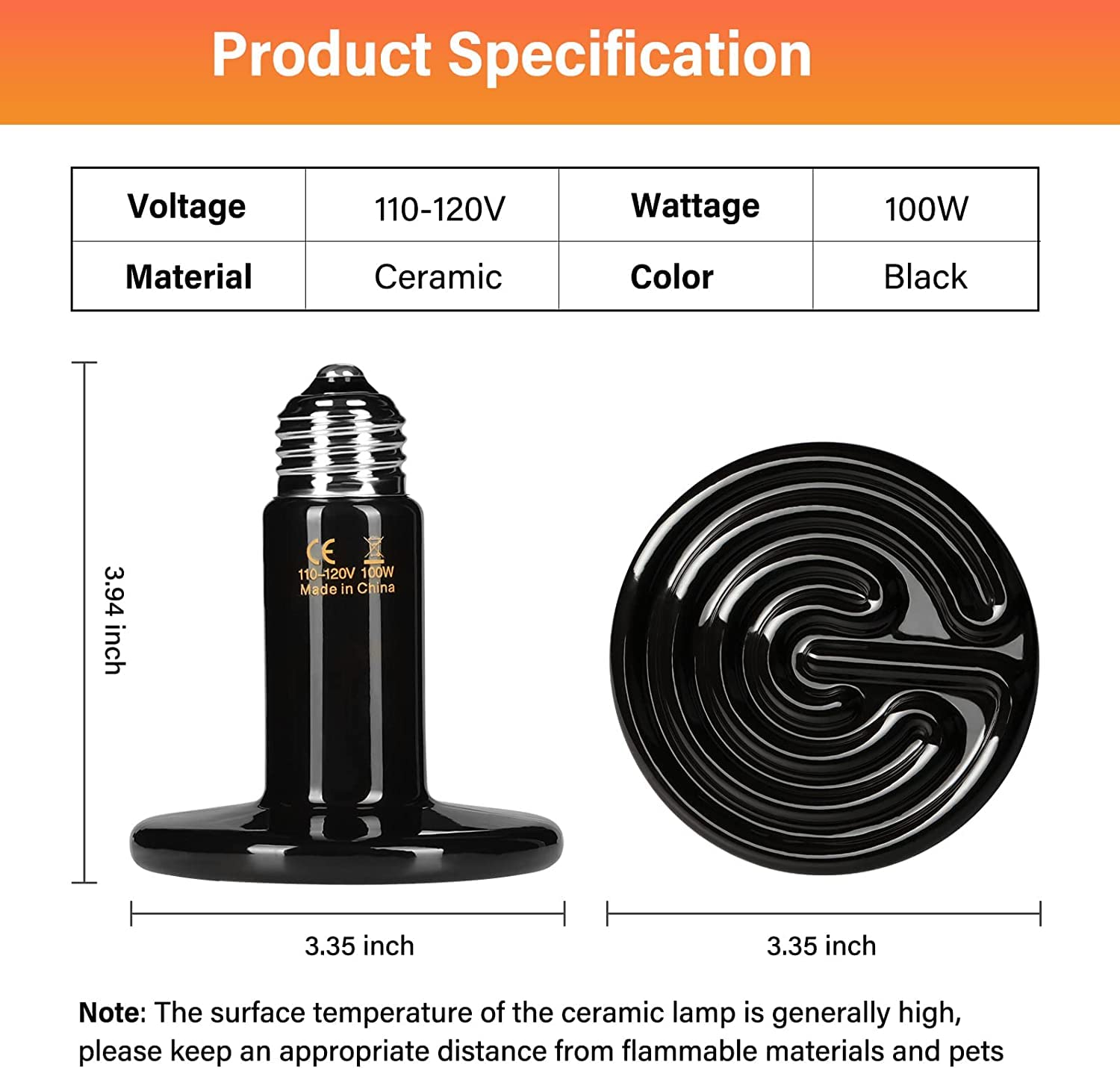 HealSmart 100W Ceramic Heat Emitter Bulbs 2-Pack - No Light Reptile Heating Lamp for Bearded Dragons, Snakes, Turtles & Terrariums | Ideal for Amphibian Pets, Chicken Brooders & Reptile Incubators | Durable Black Heat Bulbs for Nighttime Use