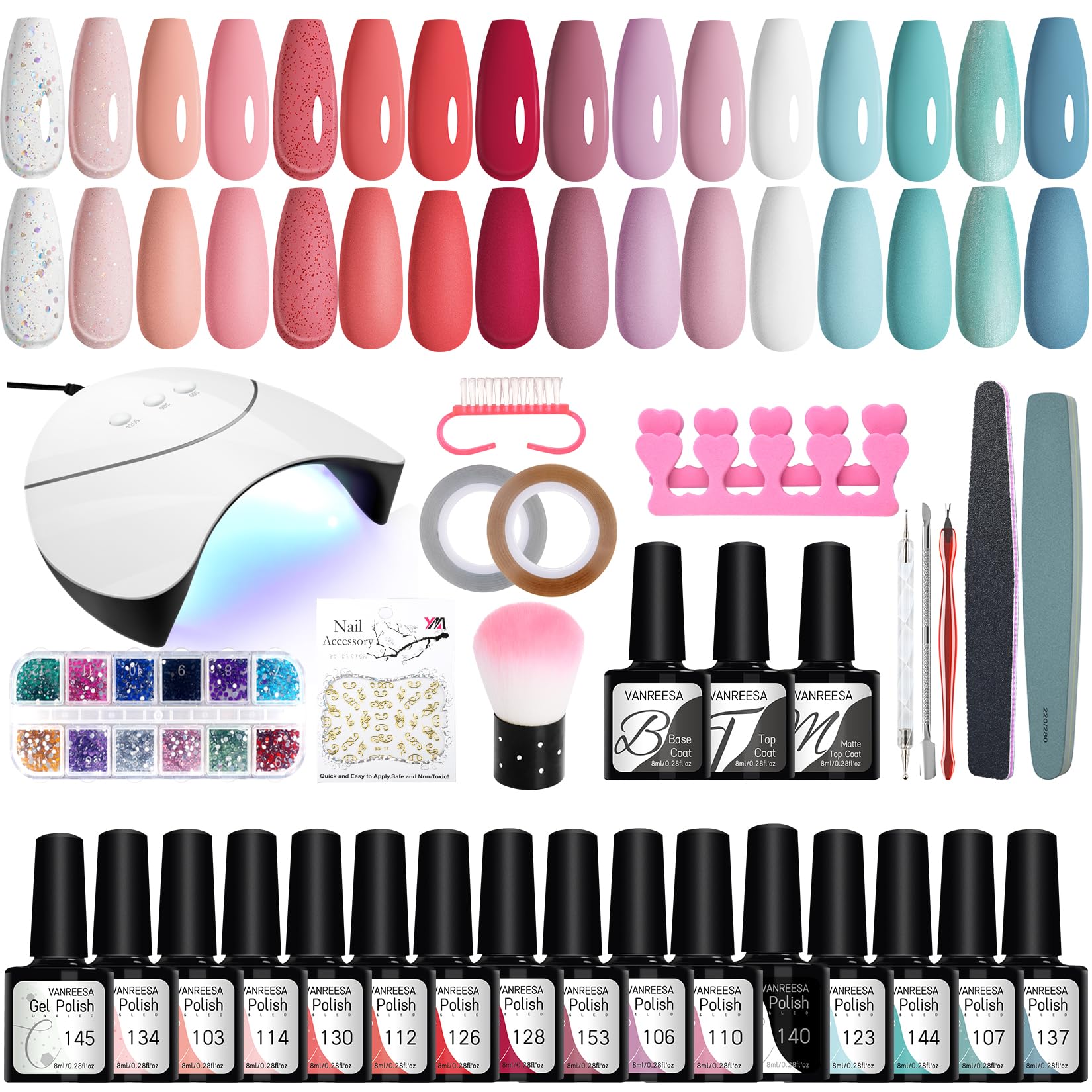 VANREESA 16 Colors Gel Nail Polish Kit with UV Lamp - Professional Salon Quality Nail Art Set with Base & Top Coat (White, Red, Pink, Blue) - Perfect for DIY Manicures, Home Nail Art, Gifts for Women & Salon Professionals