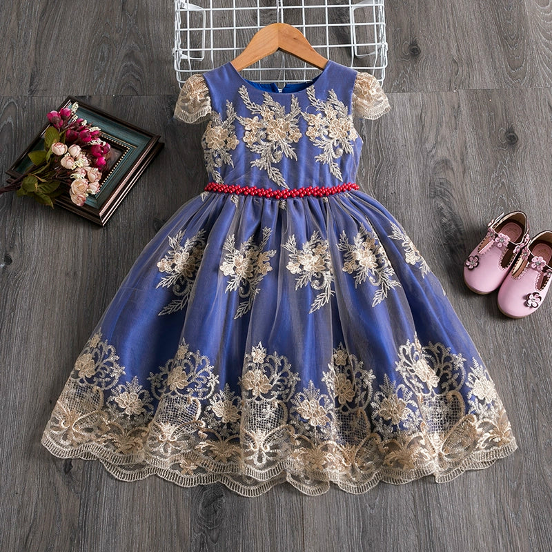 Royal Blue Satin Princess Boat Neck Tea-Length Flower Girl Dress for Weddings & Special Occasions