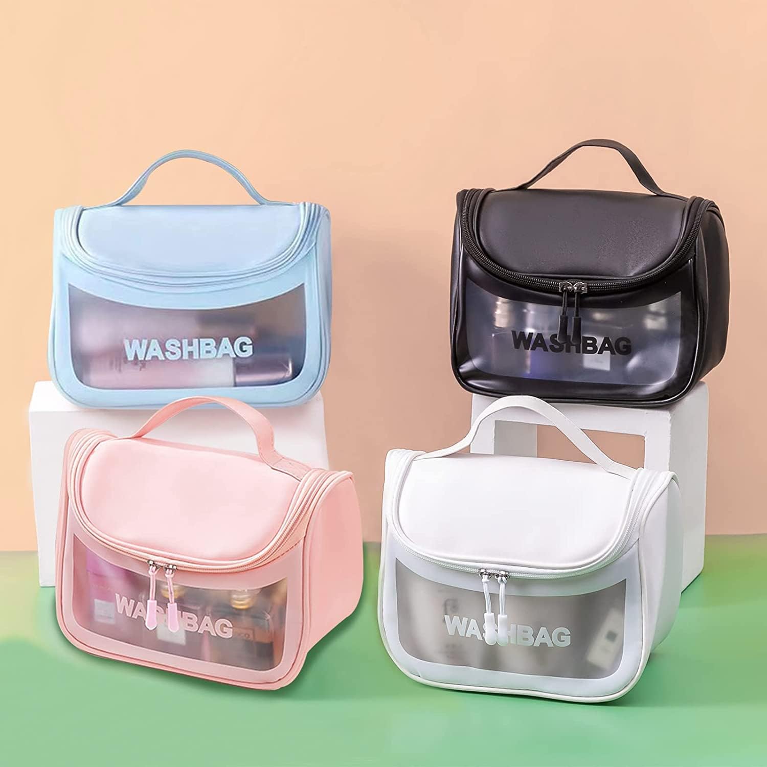 Waterproof PVC Makeup Bag - Travel Cosmetic Organizer for Toiletries & Grooming Kit | Black Washable Storage Pouch for Bathroom, Gym & Vacation Essentials