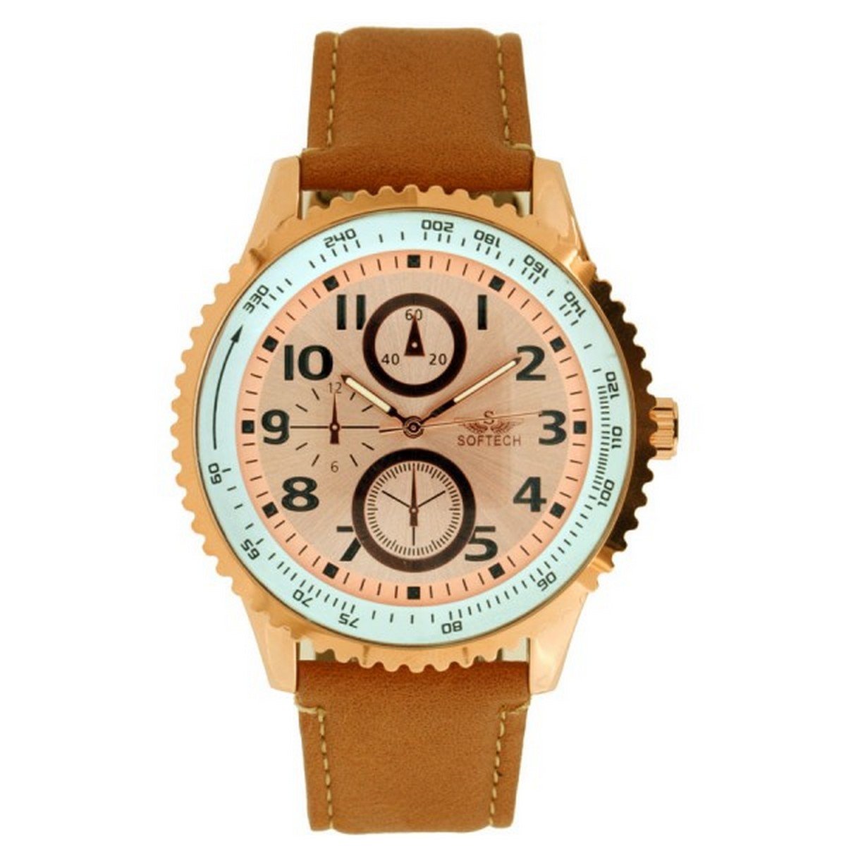 Softech Men's Rose Gold Bezel Tan Leather Strap Watch - Analog Quartz Movement with Buckle Clasp & Extra Battery - Perfect for Business, Casual & Formal Occasions