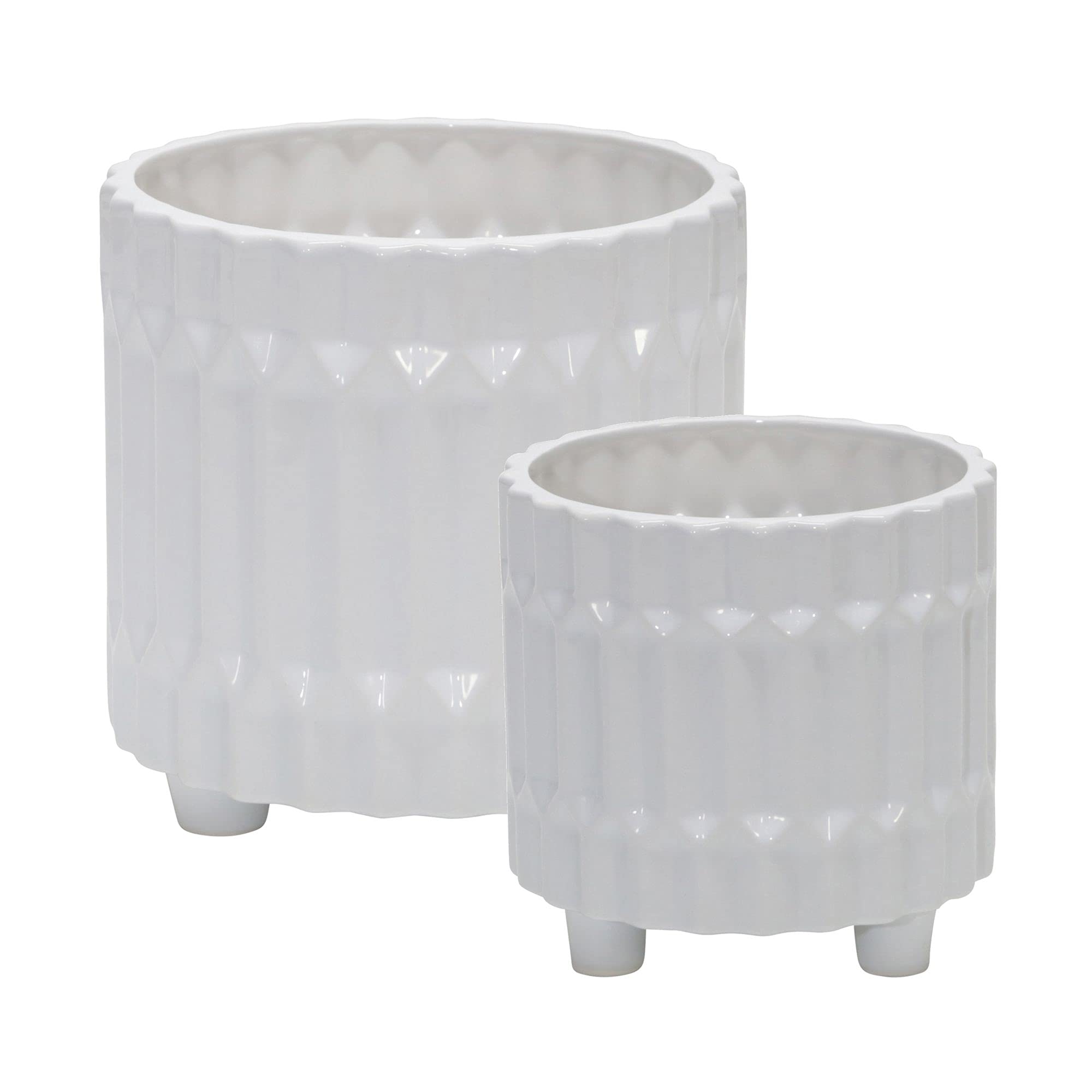 2 Pack White Fluted Ceramic Outdoor Planters - 8 Inch Modern Garden Pots for Patio, Balcony & Porch Decor | Weather-Resistant Plant Containers for Flowers, Succulents & Herbs