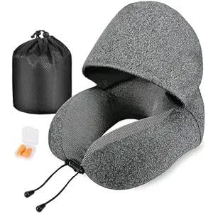 Memory Foam Travel Neck Pillow with Hood for Adults - Comfortable Airplane, Car & Train Neck Support - Perfect for Long Flights, Road Trips & Commuting