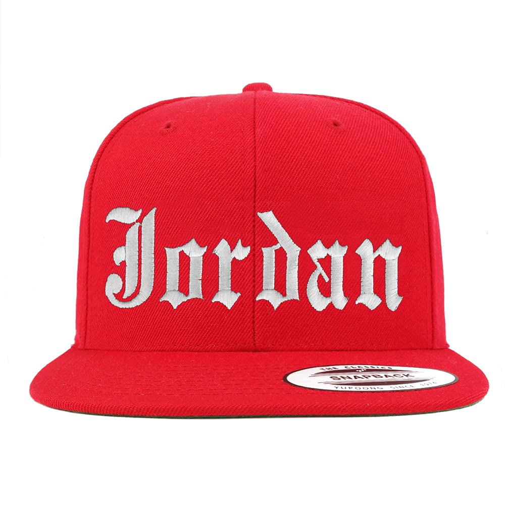 Trendy Jordan Old English Embroidered Snapback Hat - Flatbill Baseball Cap for Men & Women - Perfect for Streetwear, Hip Hop Fashion and Sports Fans
