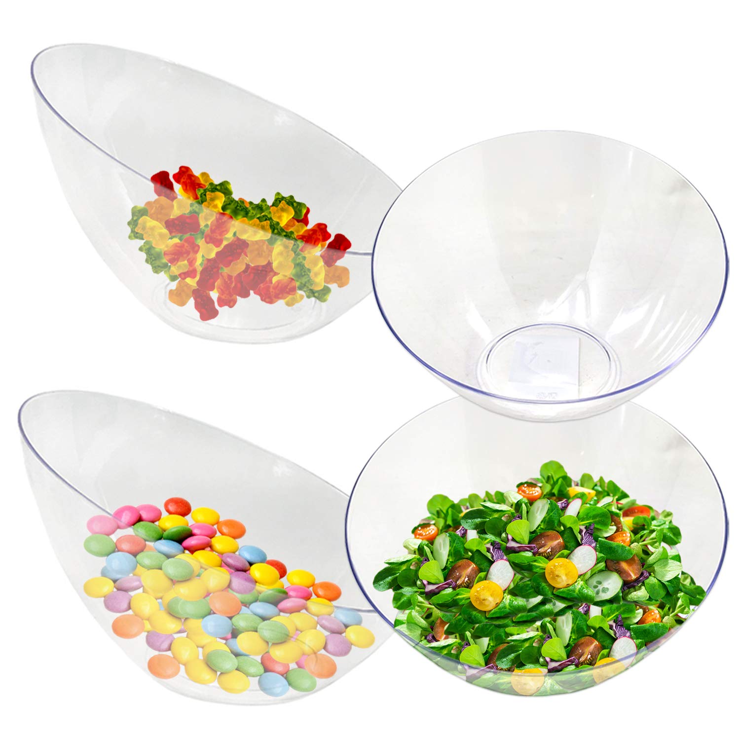Clear Angled Bowls - 20 oz Plastic Bowls for Candy, Snacks, Salads | Perfect for Weddings, Parties & Events (12 Pack) | Great for Serving, Entertaining & Food Display