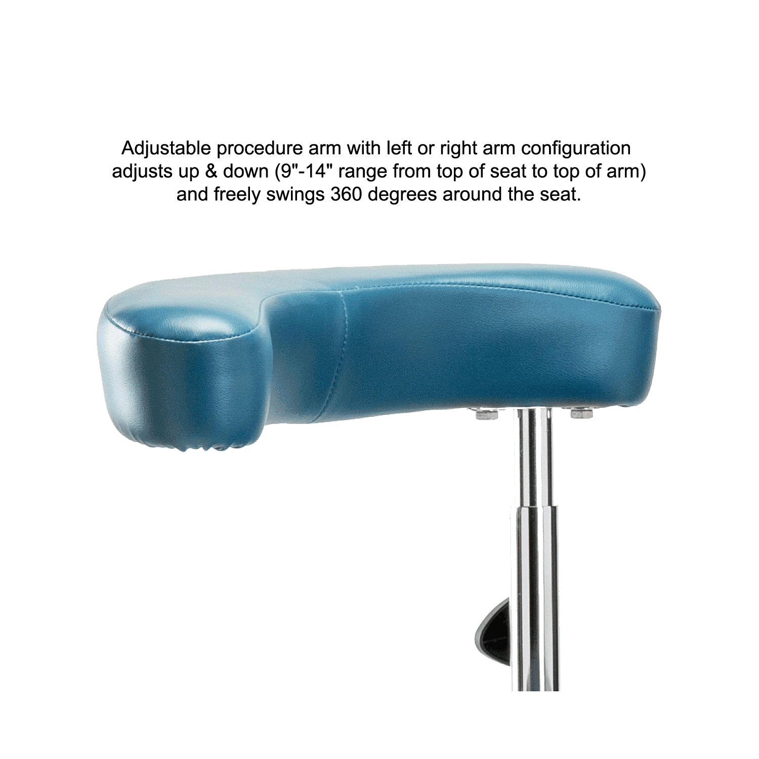 Adjustable Height Perch Rolling Dental Stool with Procedure Arm & Foot Ring - Imperial Blue Vinyl for Carpet/Linoleum Floors - Perfect for Dental Clinics, Counter Height Workstations & Medical Offices
