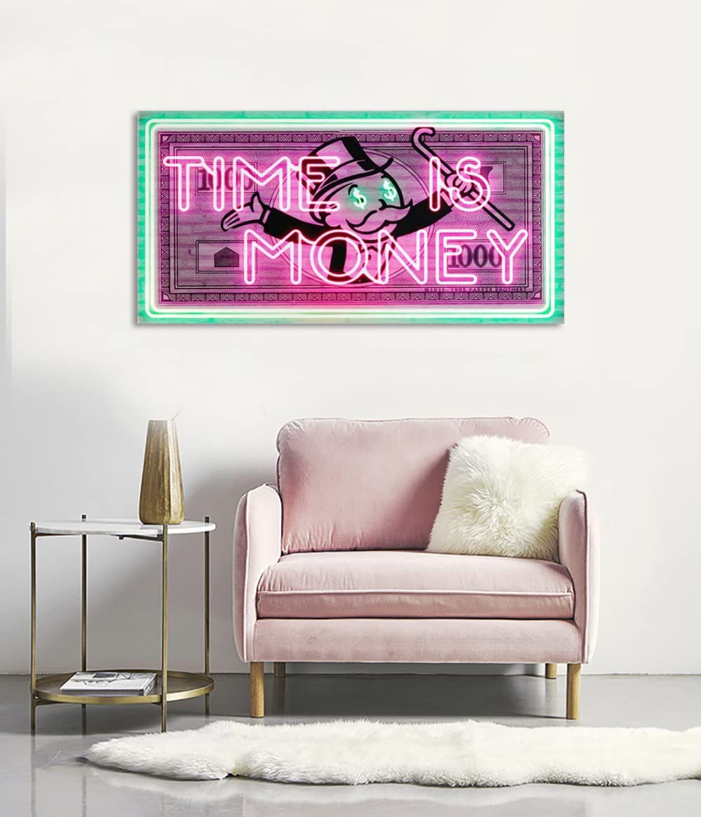 Time Is Money Motivational Office Canvas Art - Green & Pink Inspirational Wall Decor for Home & Workspace - 48x24 Inch Framed Print (Easy to Hang) - Perfect for Office, Study Room & Business Inspiration