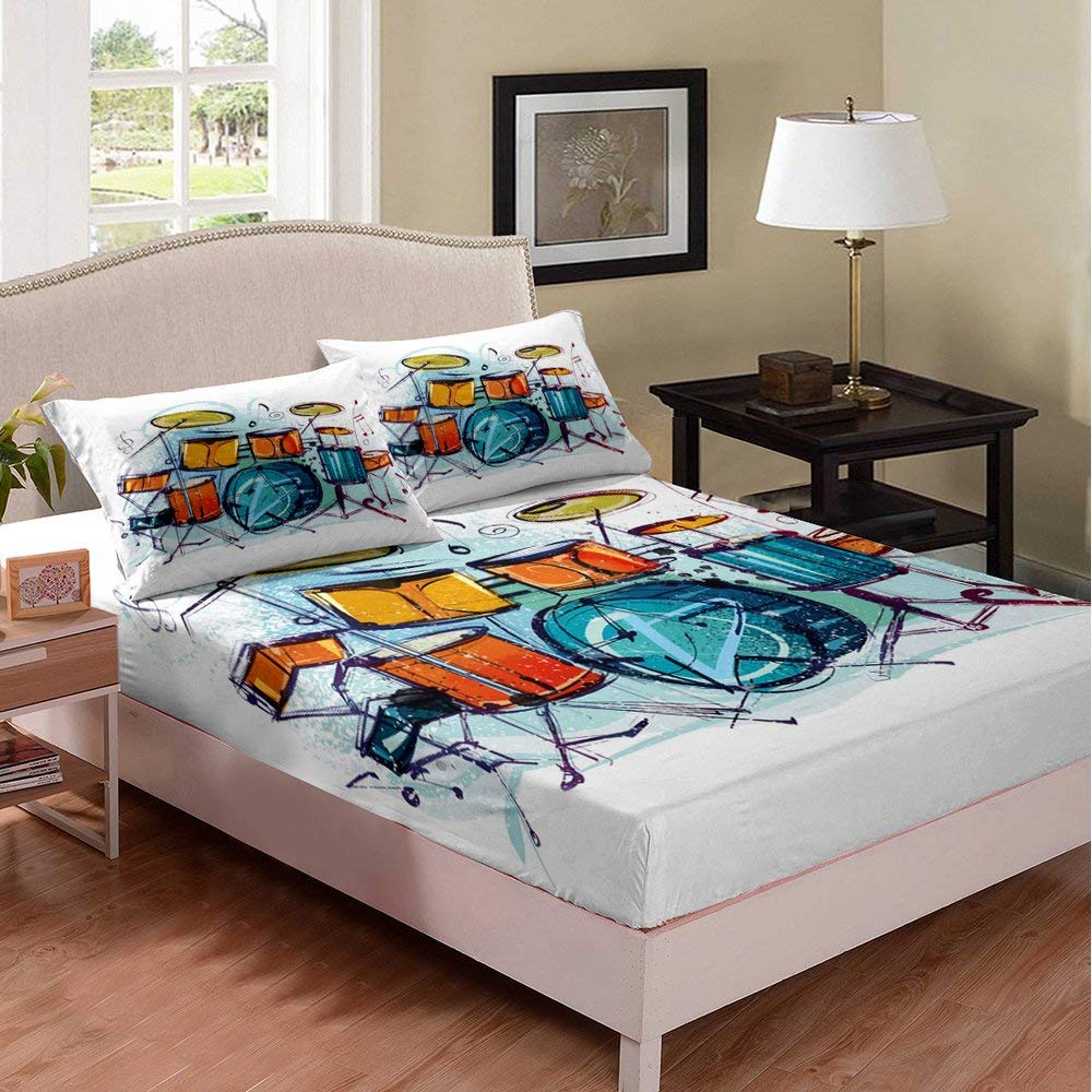 Rock and Roll Music Drum Kit Pattern Kids Duvet Cover Set - 3 Piece Deep Pocket Fitted Sheet with Pillowcases for Music Lovers Bedroom Decor - White Base for Twin/Full Size Beds - Perfect for Rock Themed Kids Rooms and Music Enthusiast Bedrooms