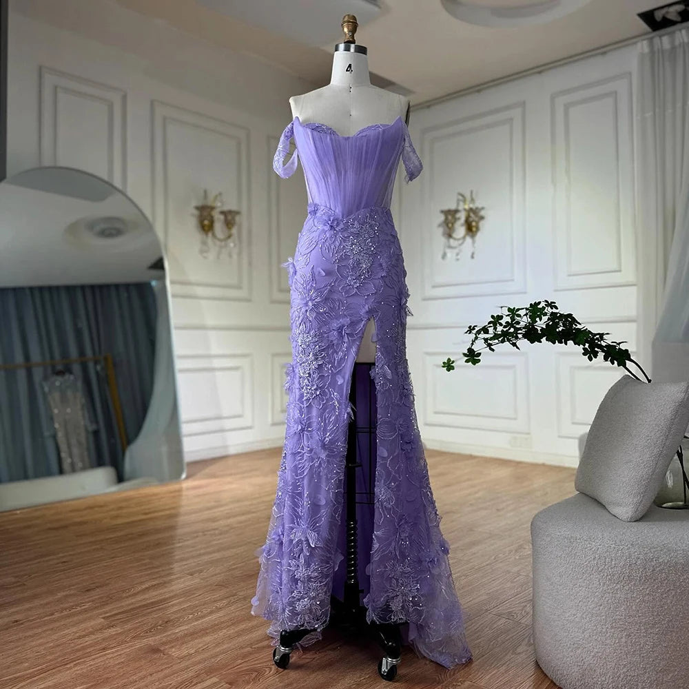 Luxury Dubai Lilac Off Shoulder Corset Beaded High Slit Tulle Saudi Evening Gown - Elegant Formal Dress for Weddings, Galas & Special Occasions LA72874