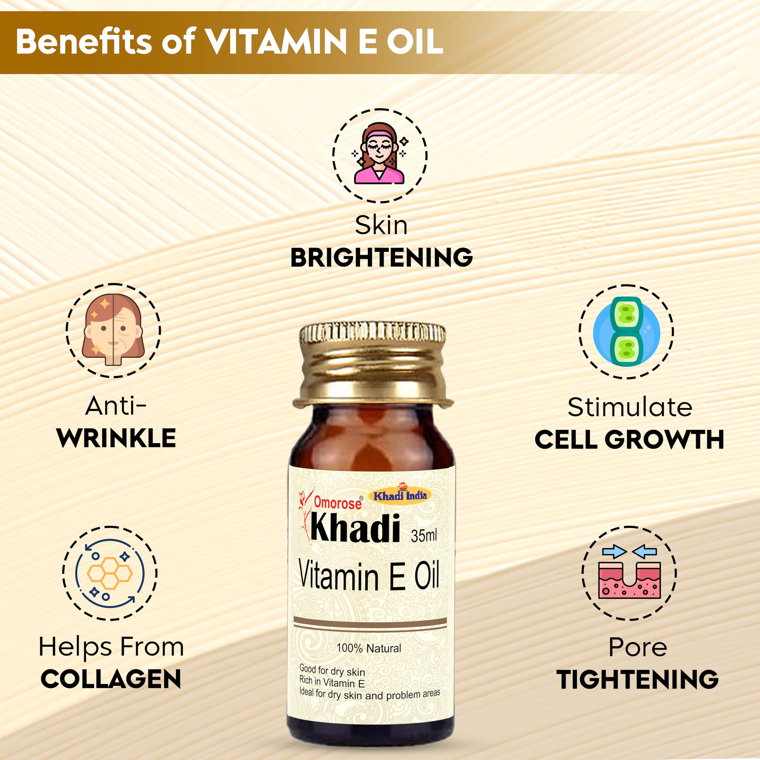 Khadi Omorose Vitamin E Oil (35 ml) - Pure & Natural Skin Care for Hydration & Anti-Aging - Perfect for Face, Hair & Body Moisturizing