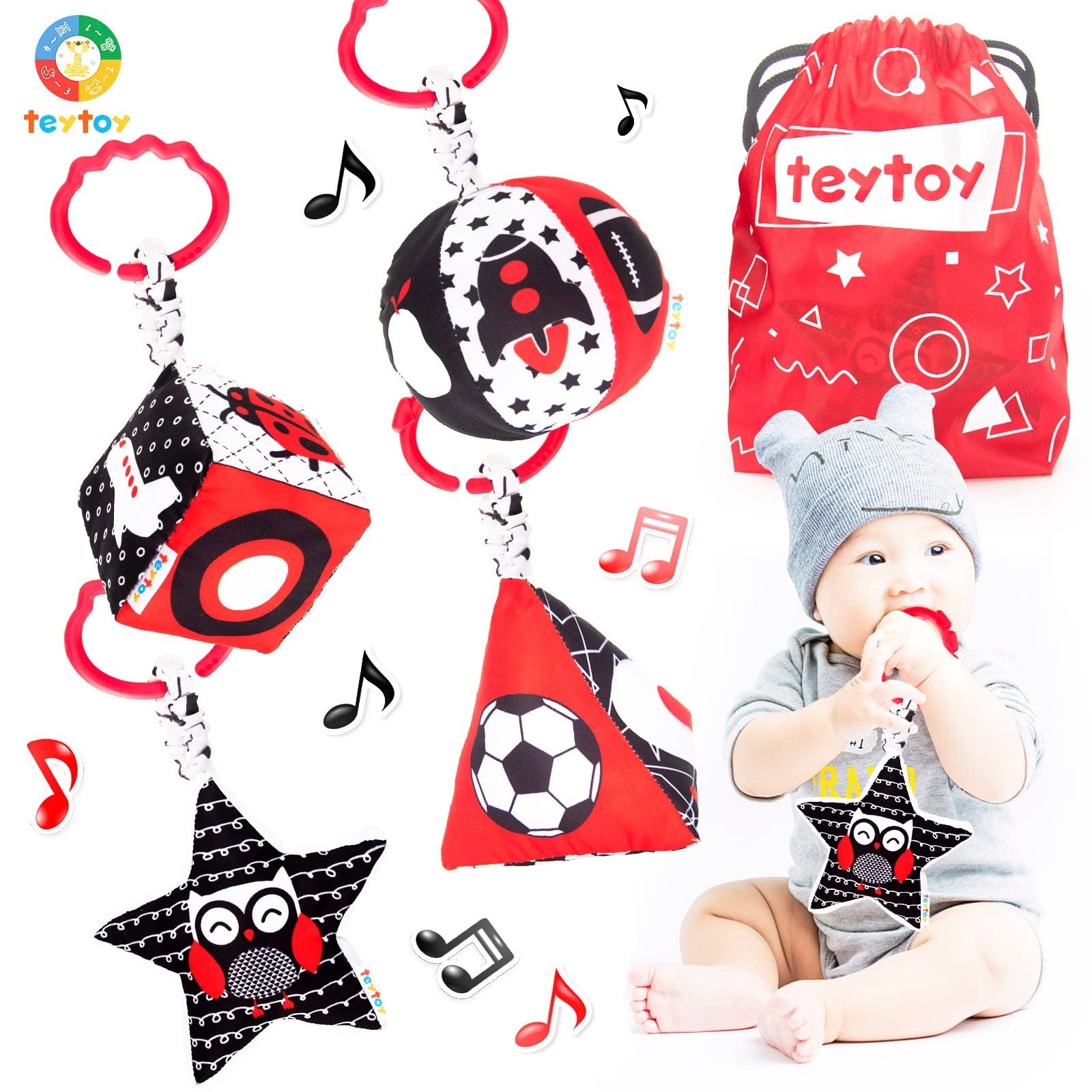 TeyToys High Contrast Black & White Baby Stroller Toys with Rattle - Newborn Sensory Toys for 0-12 Months - Easy Clip Hanging Developmental Toys for Crib, Car Seat & Stroller - Perfect for Visual Stimulation & Early Learning