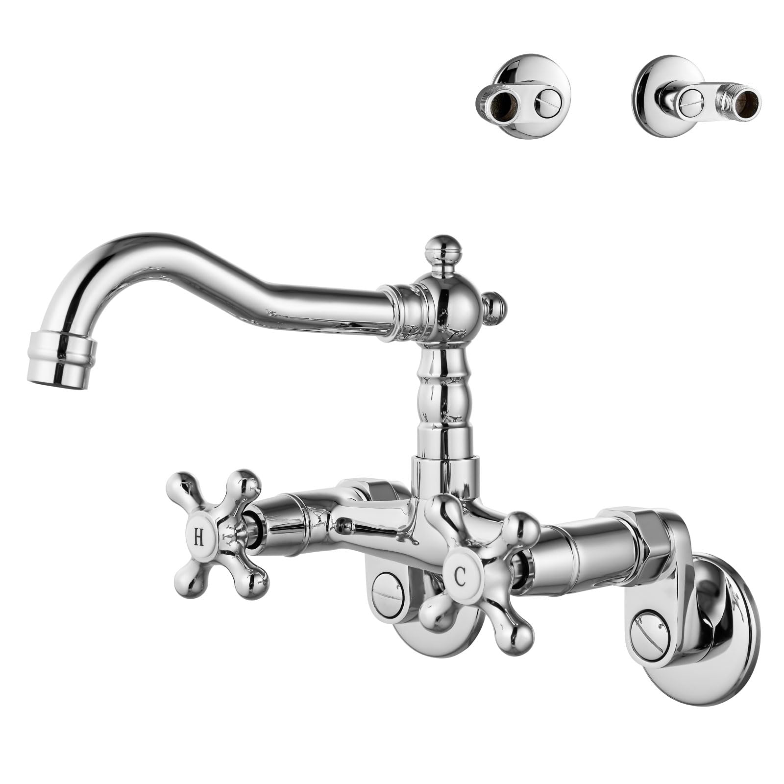Aolemi Wall Mounted Kitchen Faucet with 2 Cross Handles & 6 Inch Spout - Adjustable Center 3-9 Inch, Polished Chrome Finish - Perfect for Laundry Sinks, Utility Rooms & Outdoor Use