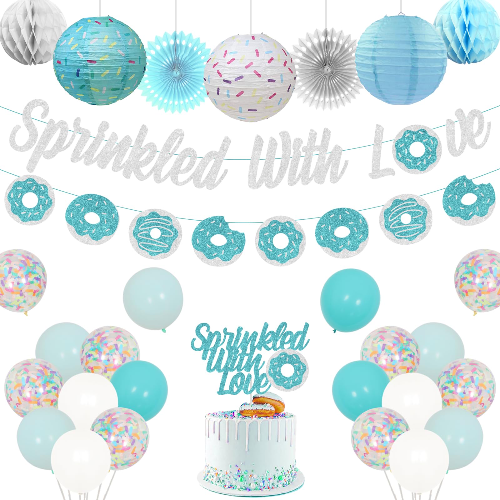 Blue Sprinkle with Love Baby Shower Decorations Set - Donut Banner, Flags, Lanterns & Honeycomb Balloons for Boy's Birthday Party | Cake Topper & Party Supplies for Gender Reveal, Nursery Decor