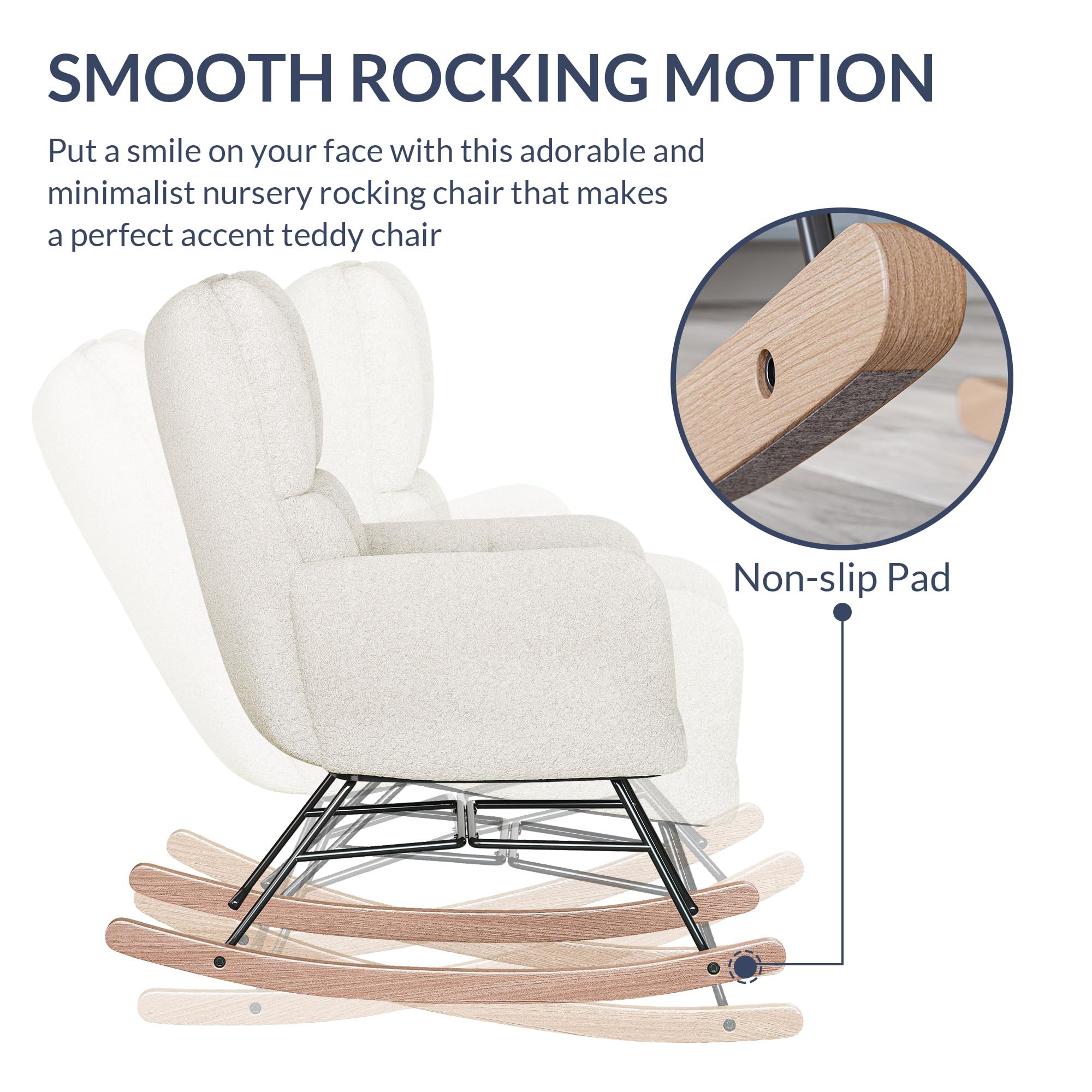 BELLEZE Upholstered Rocking Glider Chair with Cushioned Back & Armrests - Wide Seat Nursery Rocker for Bedroom, Living Room, Office - Perfect for Nursing, Relaxing & Reading (Lucy - White)