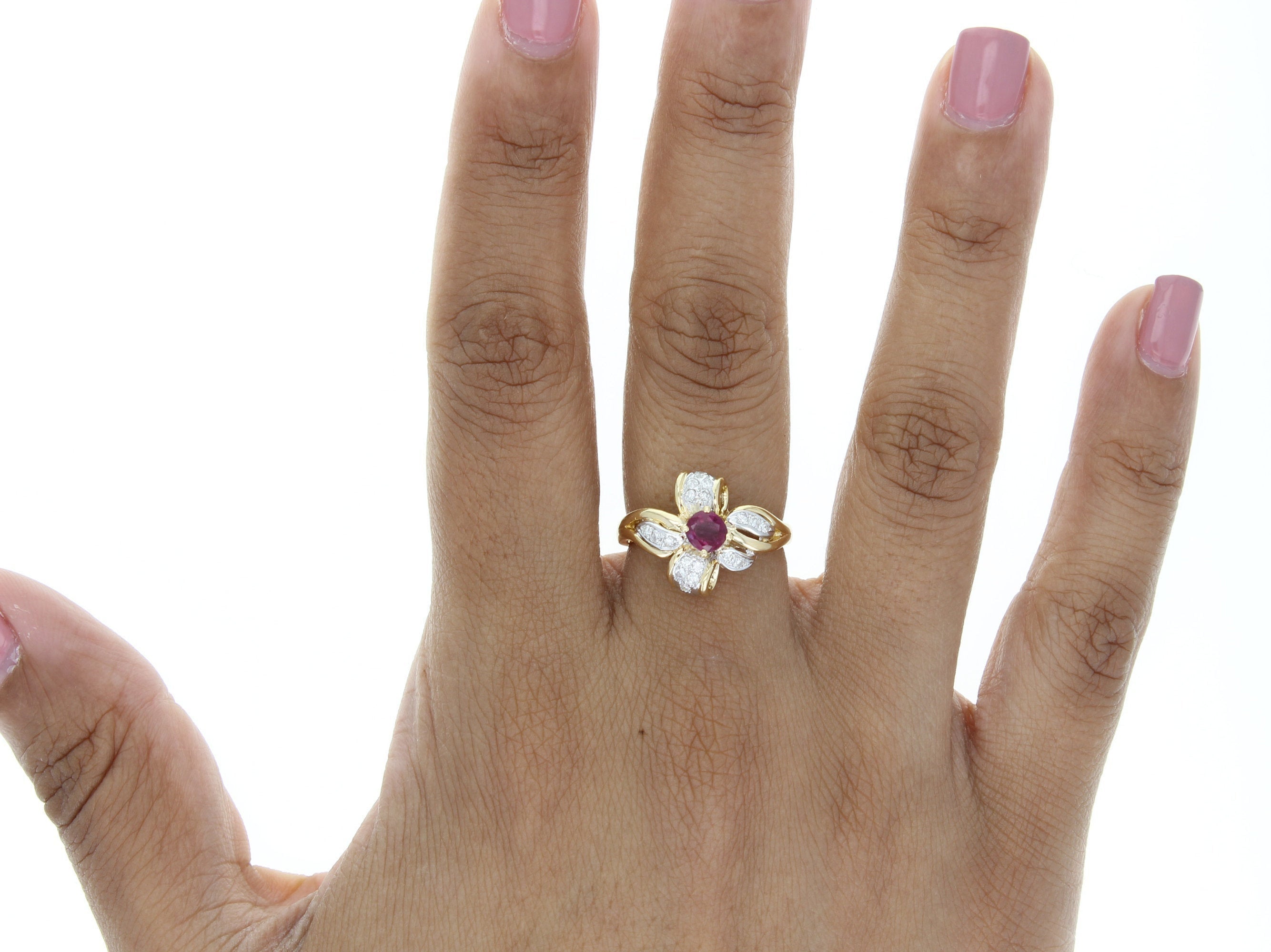 14K Yellow Gold Flower Ruby Diamond Cocktail Ring - 0.70cttw Vintage Jewelry for Women, Perfect for Parties, Weddings & Special Occasions
