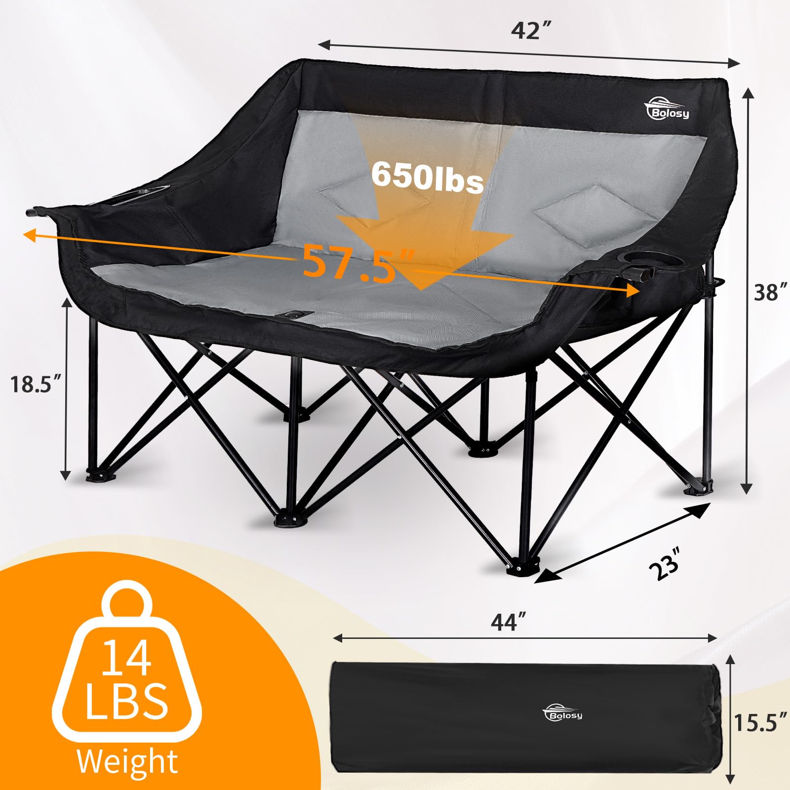 2 Person Camping Chair - Heavy Duty Oversized Double Folding Camp Couch for Couples, Outdoor Sports & Picnics - Portable Love Seat with Cup Holders for Beach, Backyard, Concerts & Tailgating