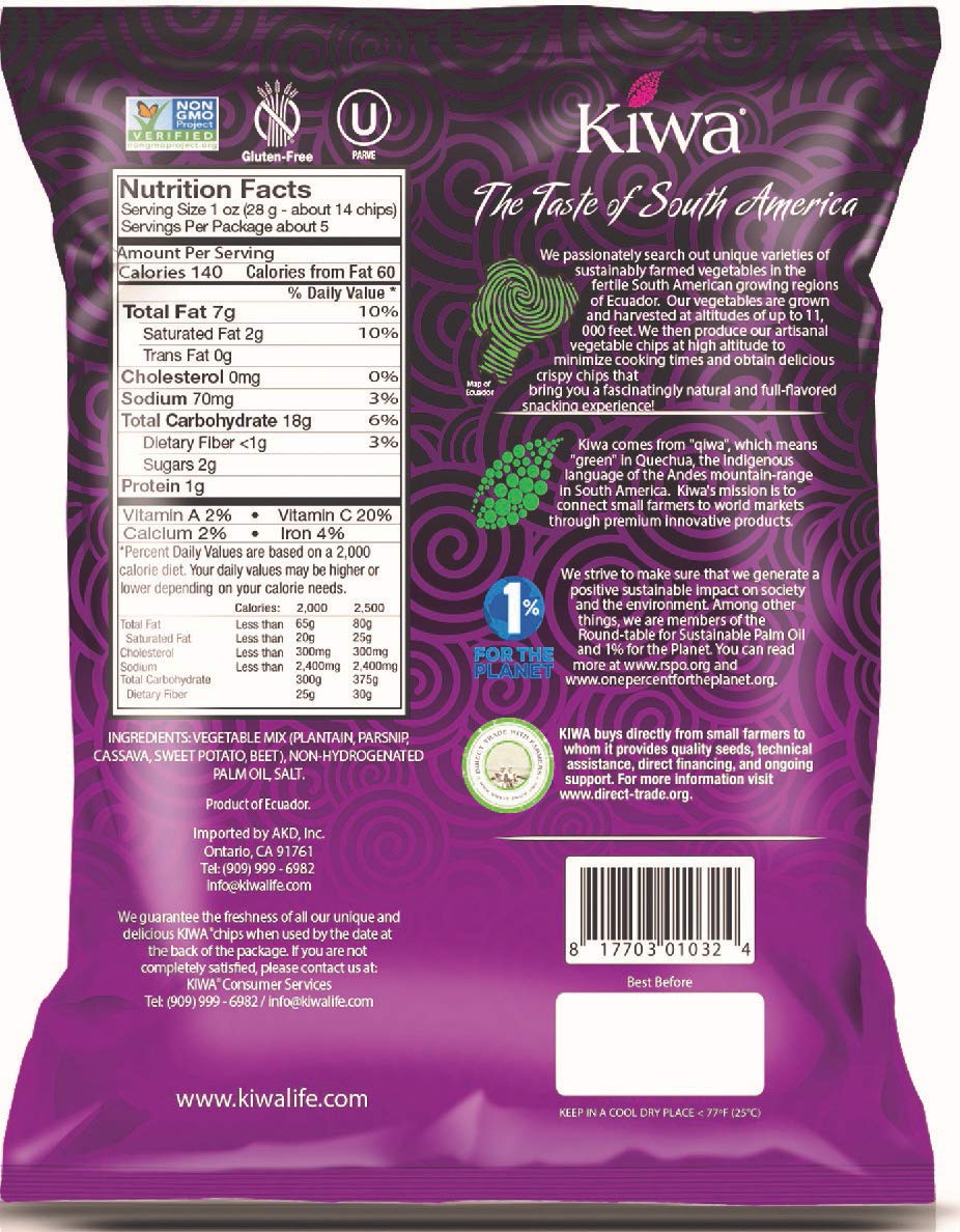Kiwa Healthy Veggie Chips - Gluten Free Vegetable Snacks for Kids & Adults - Plantain, Beet, Parsnip, Cassava & Sweet Potato Chips - Non-GMO, Vegan, All Natural - Perfect for School Lunches, Office Snacks & Road Trips (5 Pack)