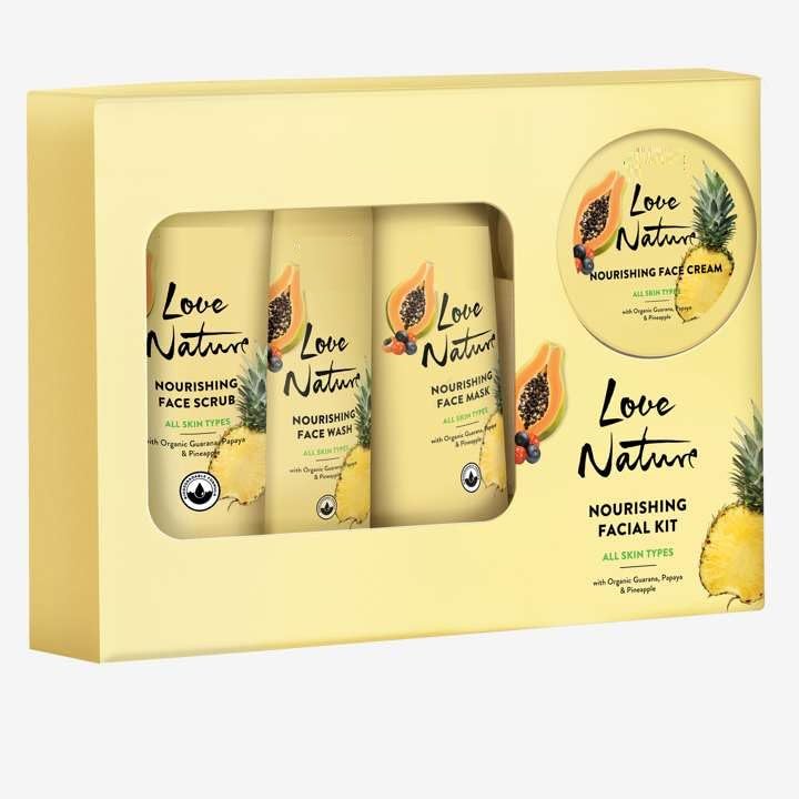 LOVE NATURE Organic Nourishing Facial Kit with Guarana, Papaya & Pineapple - Hydrating Skincare Set for Glowing Skin | Perfect for Daily Routine & Spa Nights