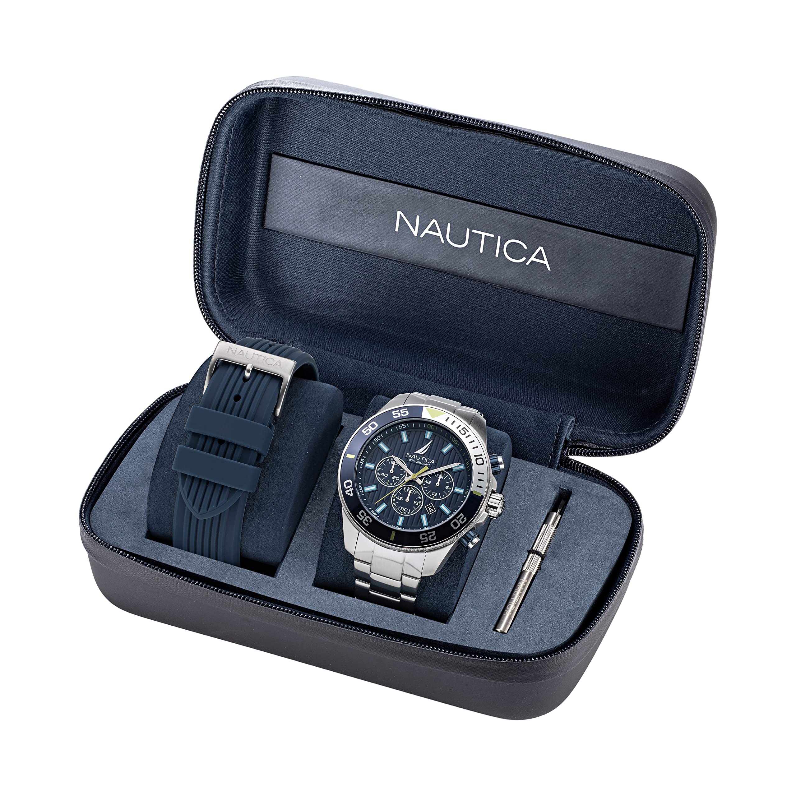 Nautica Men's NAPNOS304 Eco-Friendly Watch - 85% Recycled Stainless Steel Bracelet & Blue Silicone Strap - Waterproof Casual & Sports Watch for Everyday Wear, Outdoor Activities and Gifts