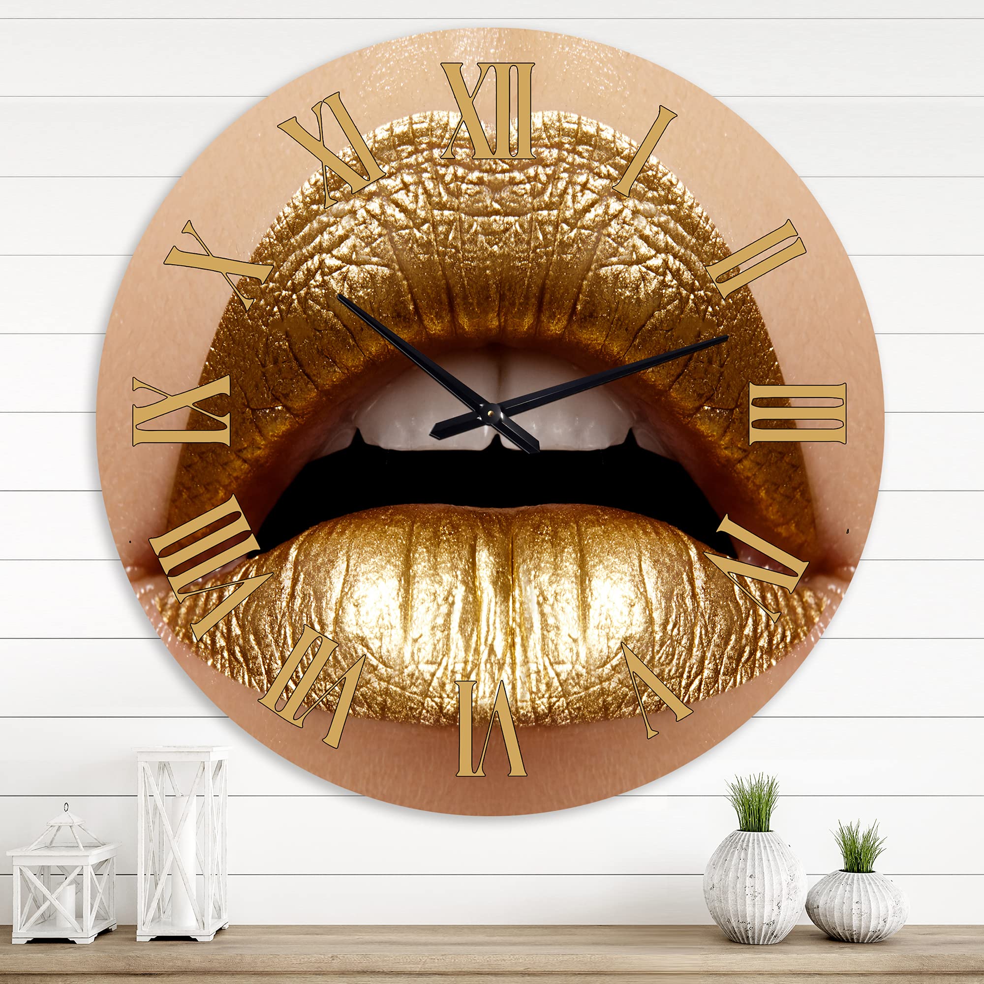 DesignQ Modern Wall Clock - Close Up of Female Plump Lips with Golden Lipstick - Large Decorative Wall Clock for Bedroom, Living Room & Office - Unique Home Decor Gift Idea