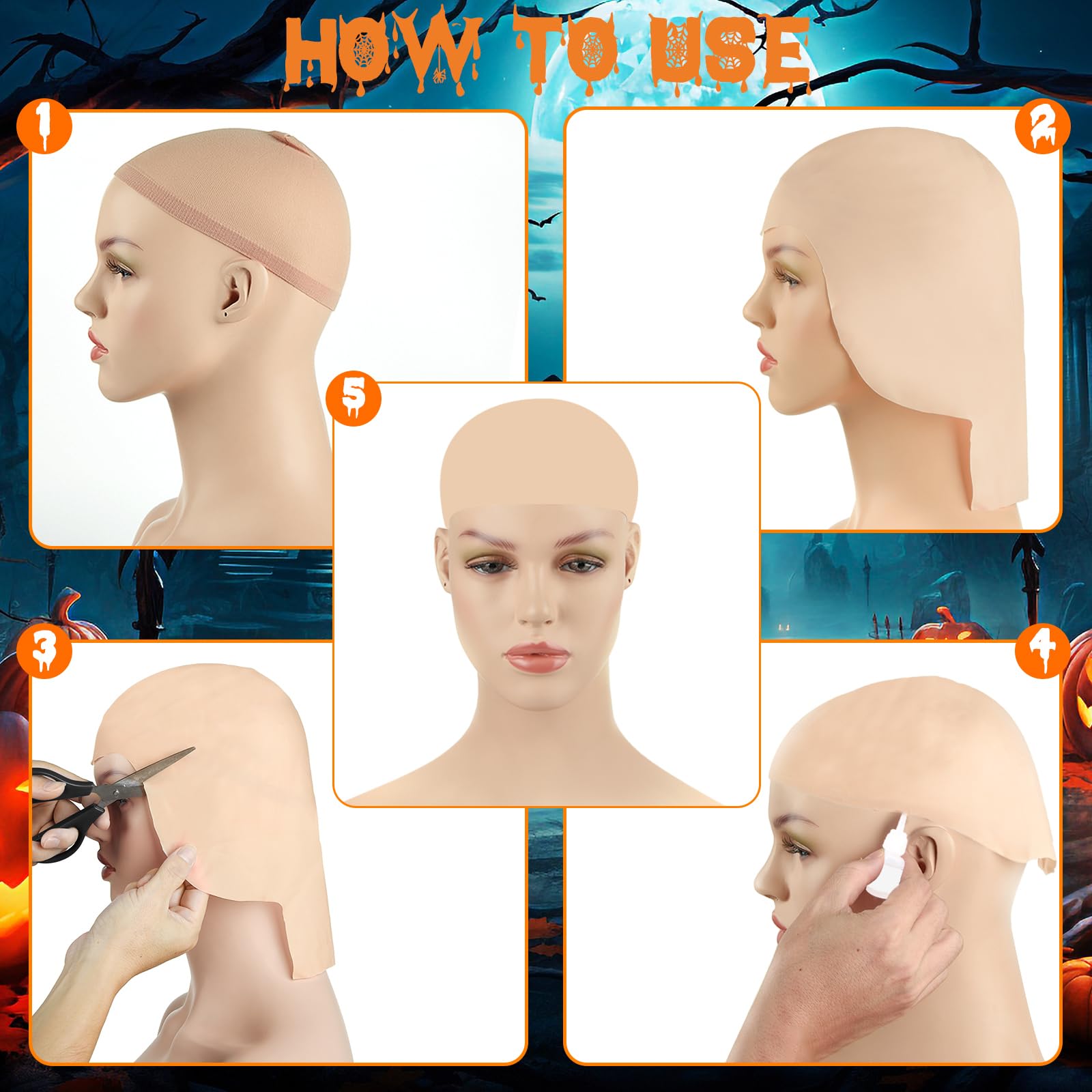 2/4/6/8 Pack Latex Bald Cap for Halloween Costume - Realistic Bald Head Cap for Adults & Women - Perfect for Halloween Parties, Cosplay, and Theatrical Performances