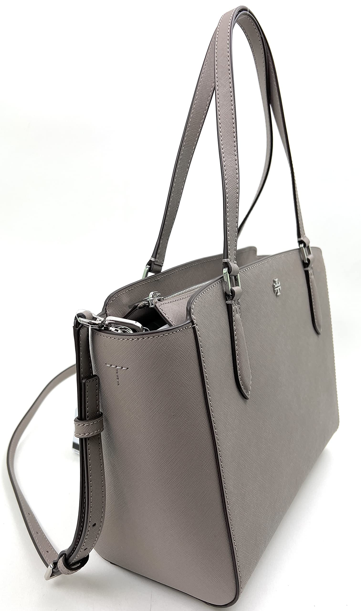 Tory Burch Women's Leather Top Zip Tote Bag - Gray Heron | Stylish Designer Handbag for Work, Travel & Everyday Use