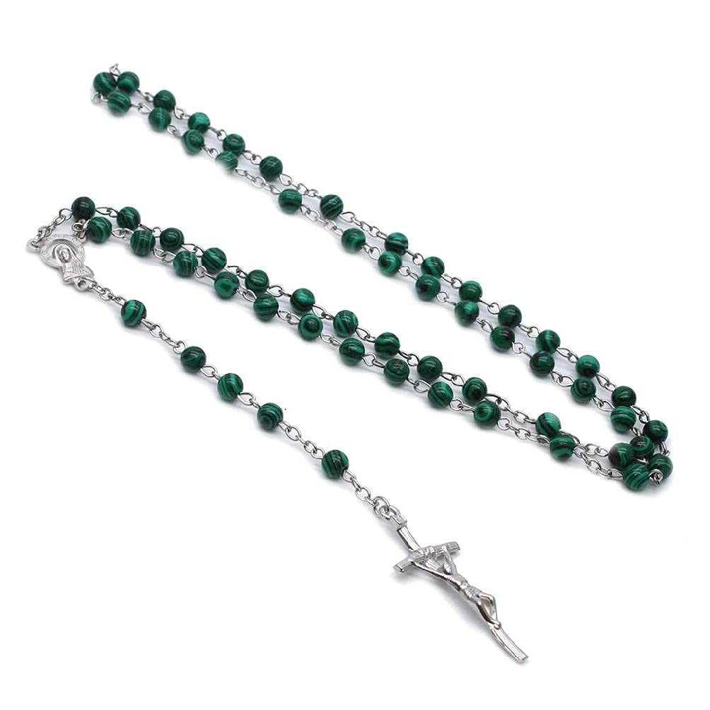 Malachite Cross Pendant Rosary Beads Chain Necklace - Christian Religious Jewelry for Men & Women - Perfect Gift for Baptism, First Communion & Daily Wear - Chip Clips for Bags, Food Storage & Snack Sealing - Multi-Purpose Kitchen & Pantry Organizers