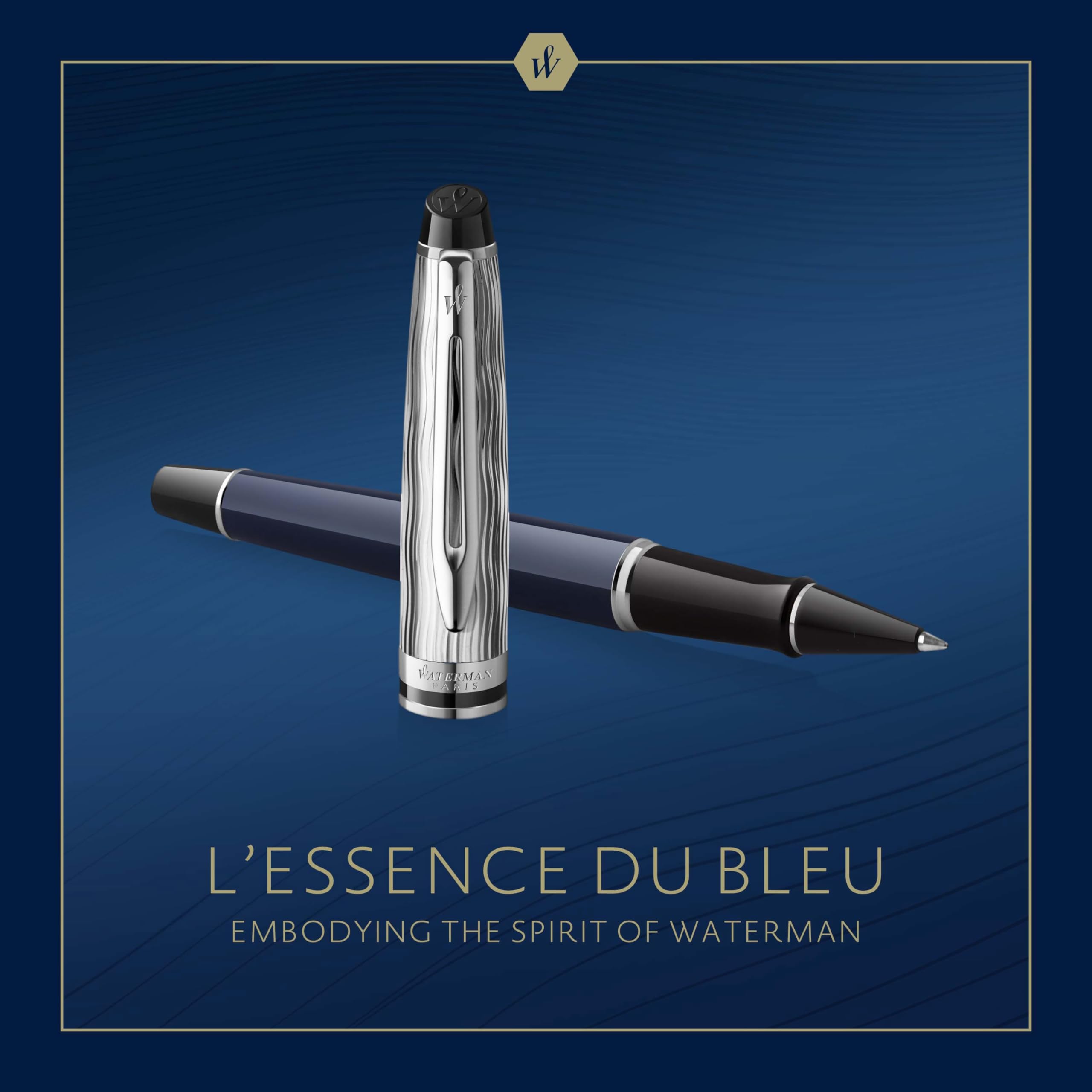 Waterman Expert Rollerball Pen - Premium Metal Blue Lacquer Fountain Pen with Chiselled Cap & Black Ink Refill - Elegant Gift Box - Perfect for Business Signatures, Journaling & Luxury Gifts