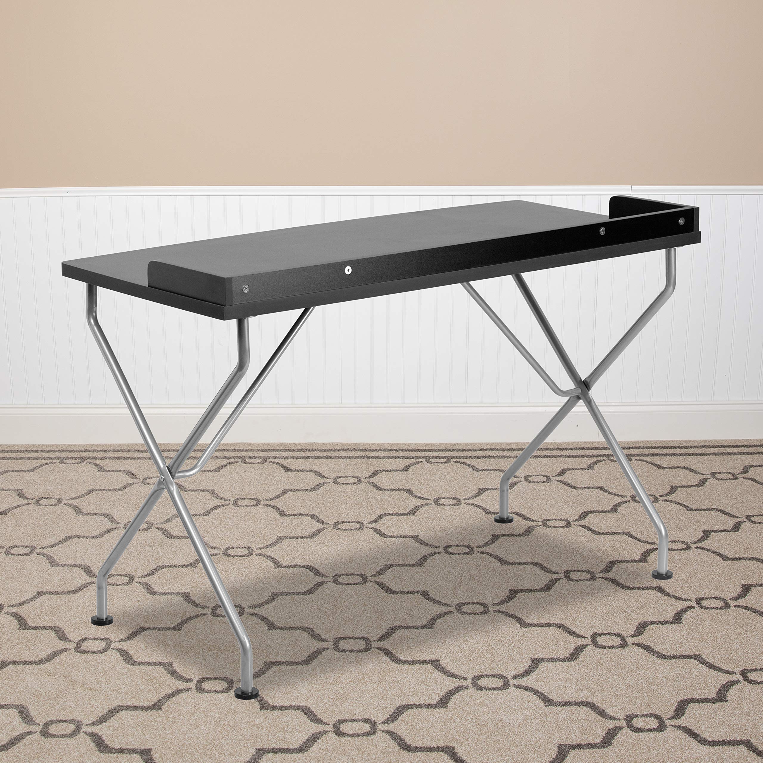 Flash Furniture Black Computer Desk with Raised Border & Silver Metal Frame - Home Office Desk for Work, Study, and Gaming