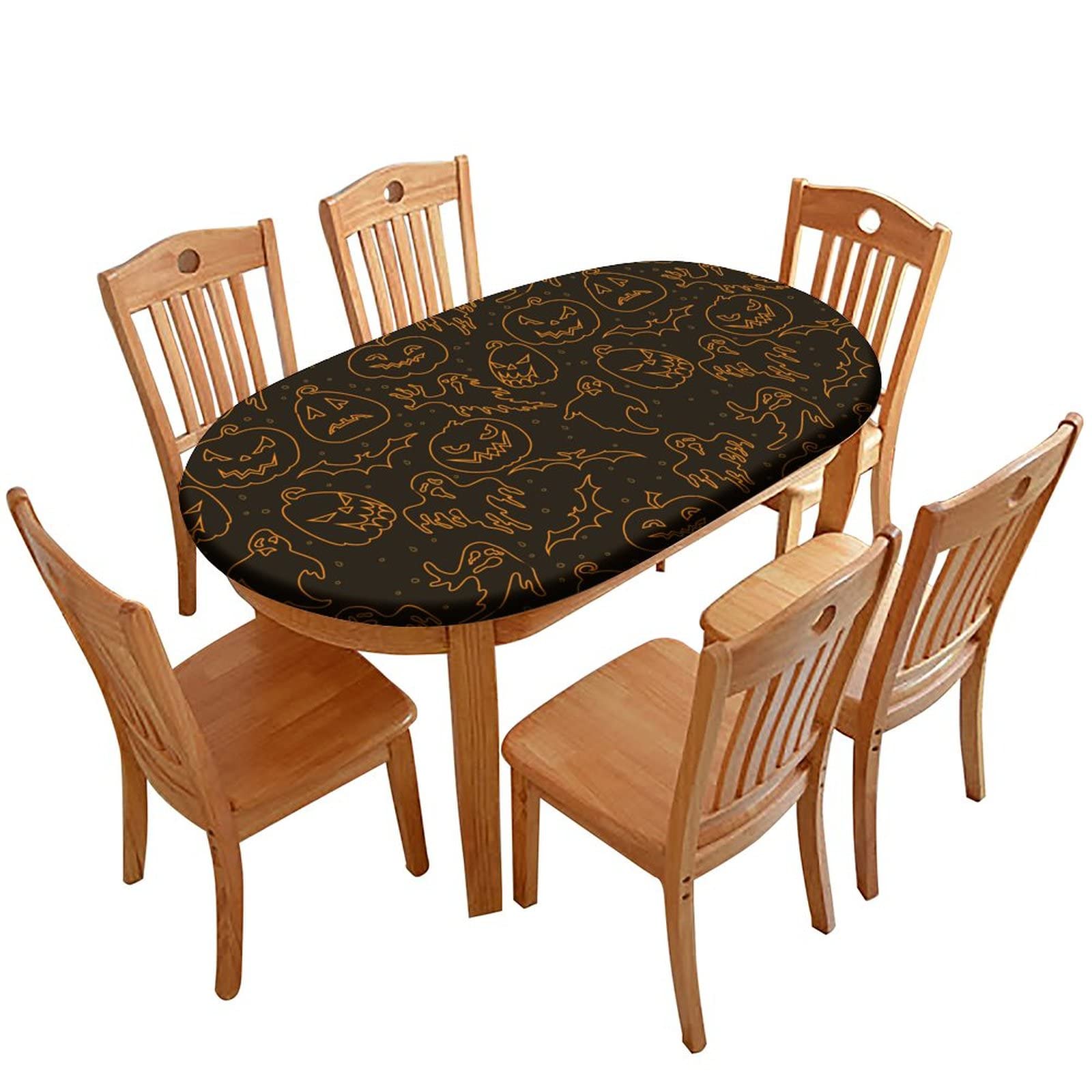 Halloween Pumpkin Elastic Edge Fitted Tablecloth - Windproof Polyester Oval Table Cover for Indoor Restaurant & Outdoor Terrace (Fits 36x60 Inches) - Perfect for Halloween Parties, Fall Decor & Dining Table Settings