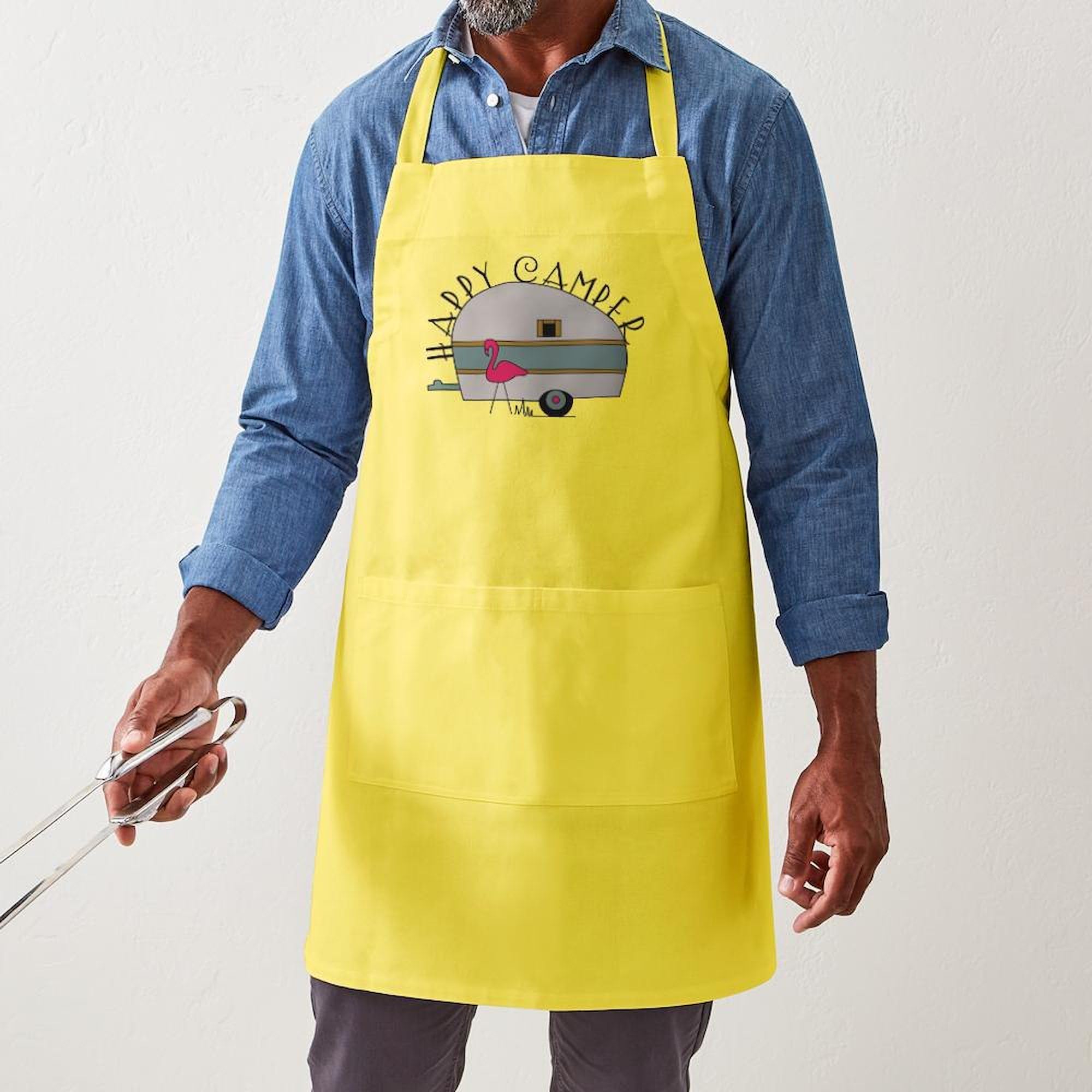 Happy Camper Kitchen Apron with Pockets - Adjustable BBQ Grilling & Baking Apron for Men & Women - Perfect for Outdoor Cooking, Camping & Home Kitchen Use