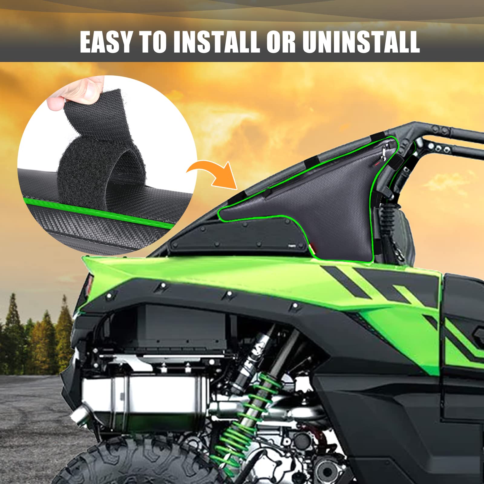 KRX 1000 Storage Bag 2 Pack - Durable Triangle Truss Tool Pouch for UTV Side Cage & Roll Bar | Compatible with Kawasaki Teryx KRX 1000 (2020-2023 Models) | Easy Installation Gear Bag with Green Piping | Perfect for Off-Road Adventures, Hunting & Farm Equipment Storage
