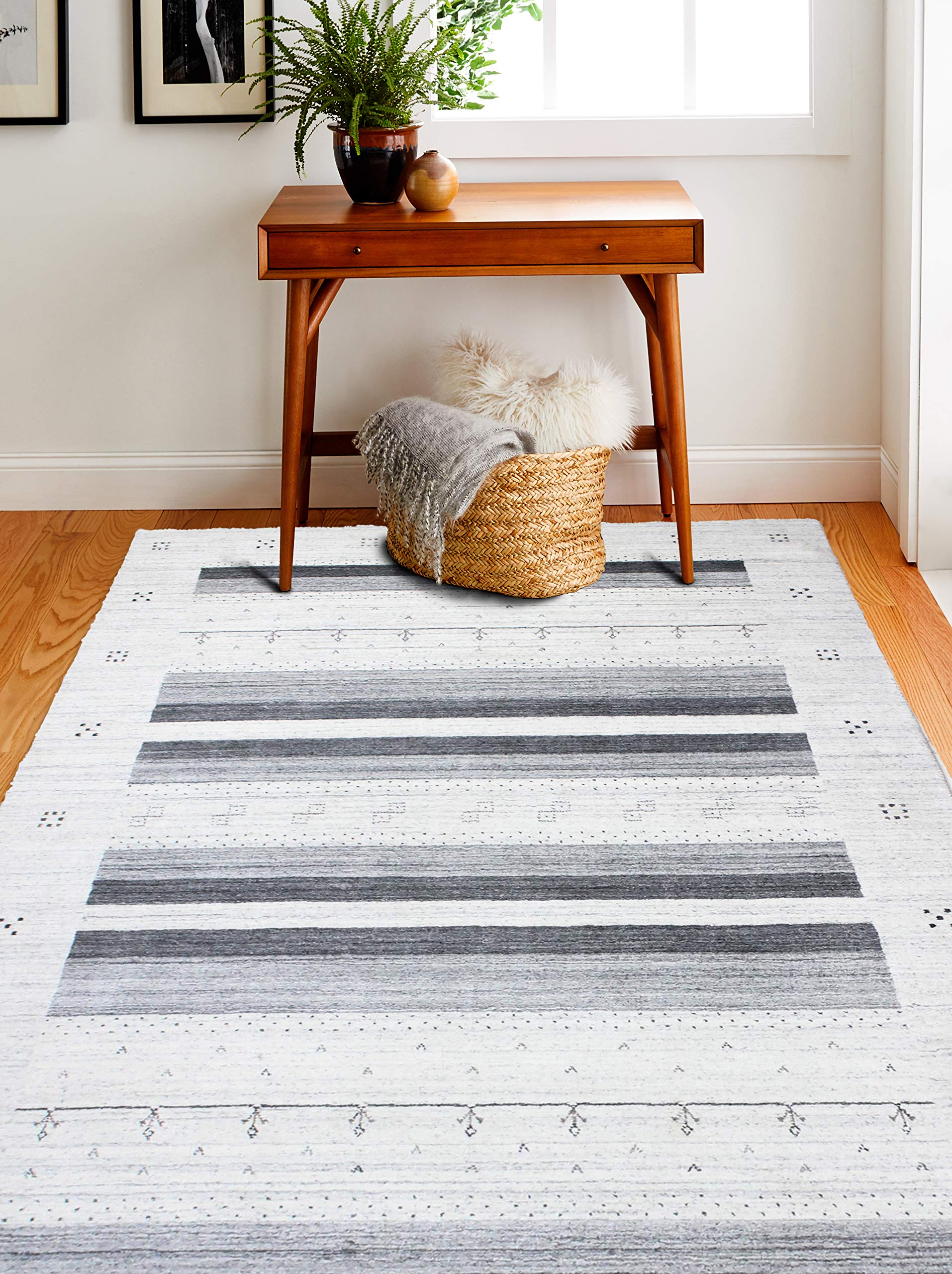 Bashian Collection Luxury Hand Loomed Wool & Viscose Area Rug - 2.6’ x 8’ Ivory/Grey Runner Rug for Entryway, Living Room, Bedroom - Soft & Durable Home Decor for High Traffic Areas