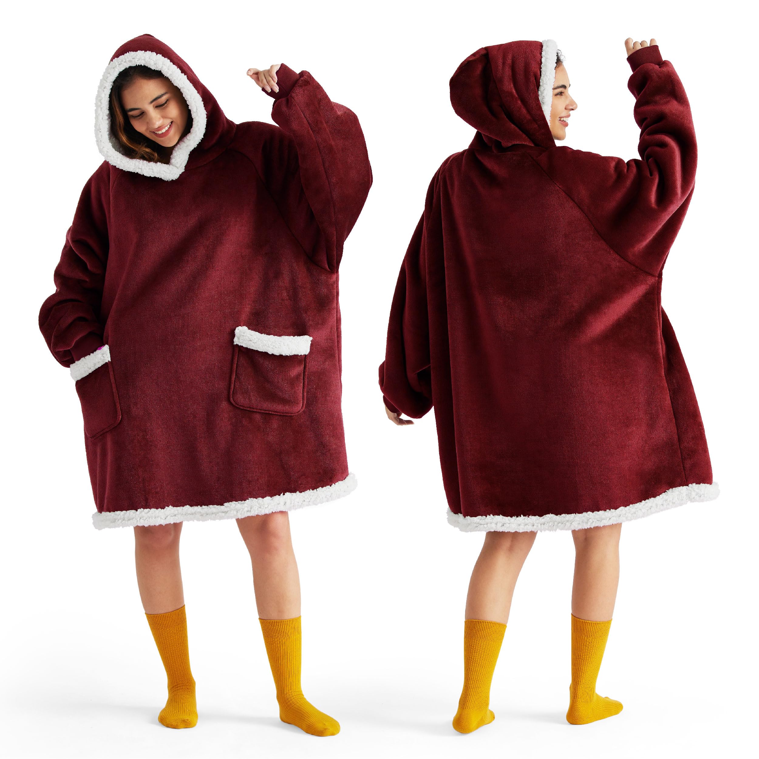 Bedsure Wearable Blanket Hoodie for Adults & Kids - Cozy Burgundy Fleece Hooded Blanket for Women, Men, and Mom - Perfect Birthday & Mother's Day Gift for Indoor Lounging and Outdoor Camping