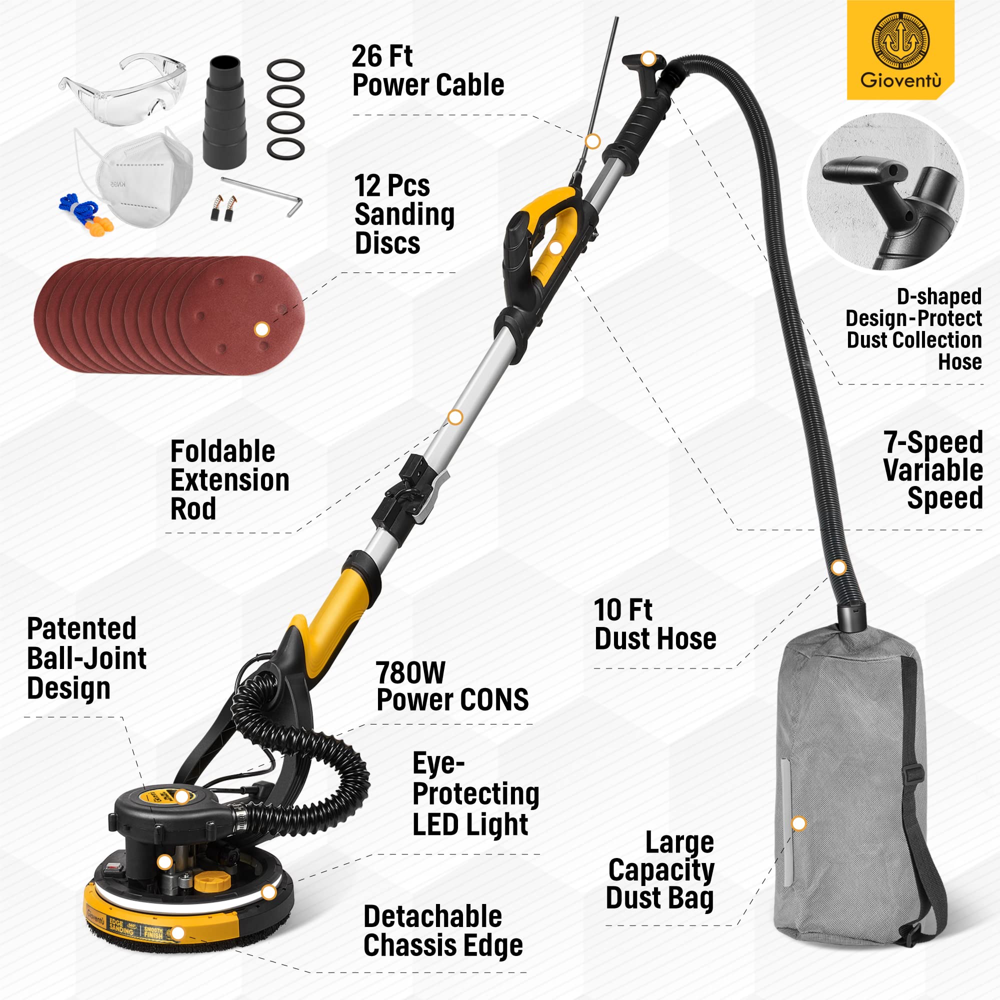 780W Electric Drywall Sander with Vacuum Attachment | Auto Dust Absorption & 26ft Power Cord | Dustless Wall Sander for Popcorn Ceiling, Drywall, Plaster & Renovation Projects | Perfect for Home DIY & Professional Construction Use