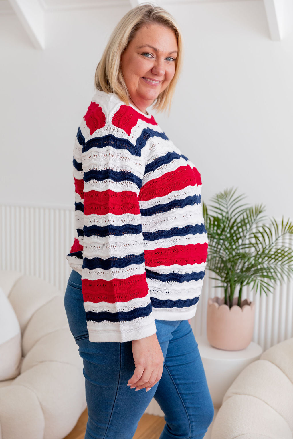 Nautical Waves Knit Sweater - Stylish & Comfortable Pullover for Women | Perfect for Casual Outings & Beach Vacations