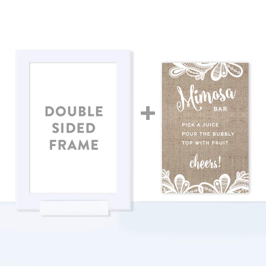 4x6-inch Andaz Press Burlap Lace Print Wedding Sign - Build Your Own Mimosa Bar Sign with 'Pick a Juice, Pour The Bubbly, Top with Fruit Cheers!' - Elegant Framed Dessert Table Decor for Weddings, Bridal Showers & Champagne Parties (1-Pack)