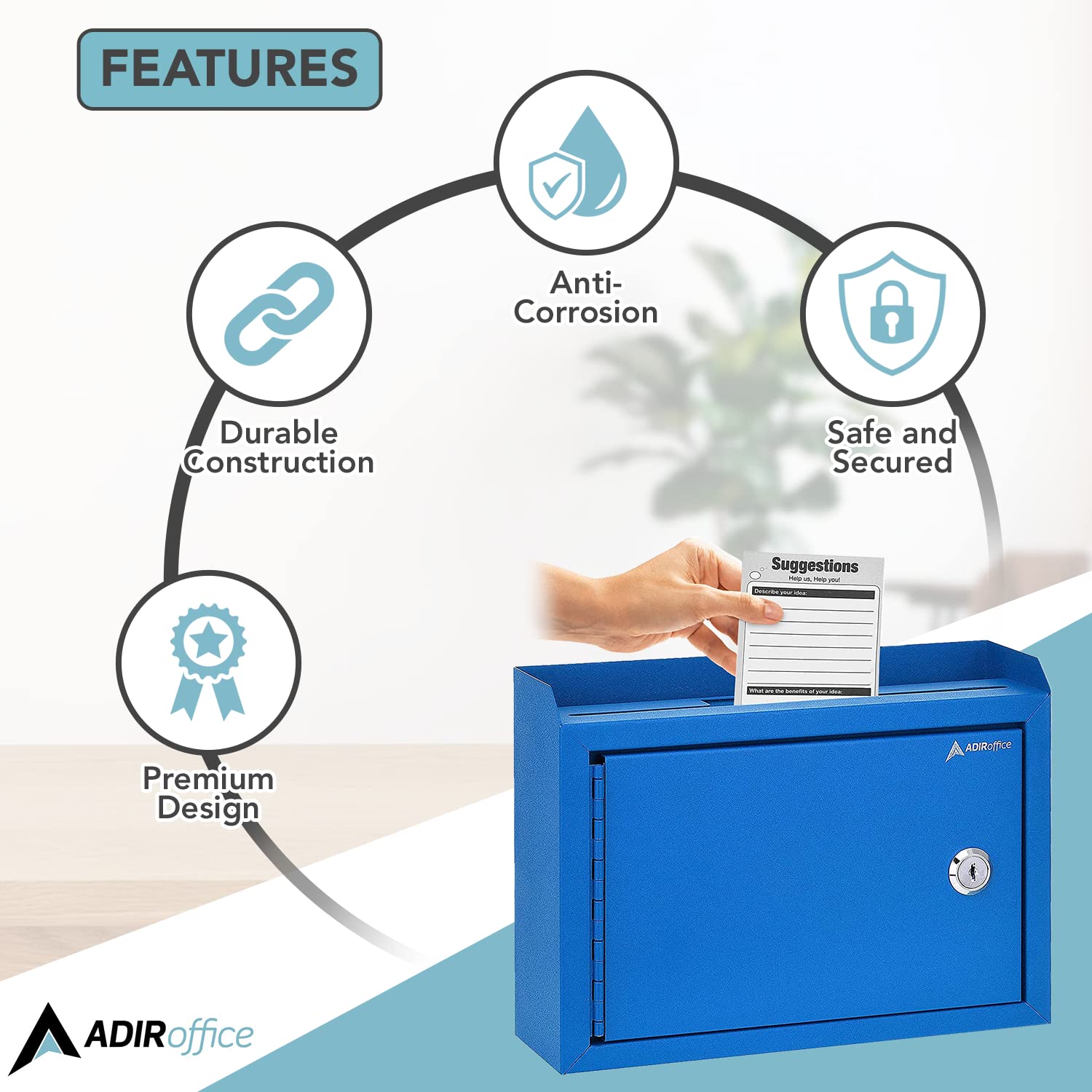 Adir Corp Locking Suggestion Box with Slot - 9.8x7.5x3.4 Inch Wall Mount Metal Deposit Box for Cash, Donations & Feedback - Secure Drop Box for Offices, Retail Stores & Public Spaces (Blue)