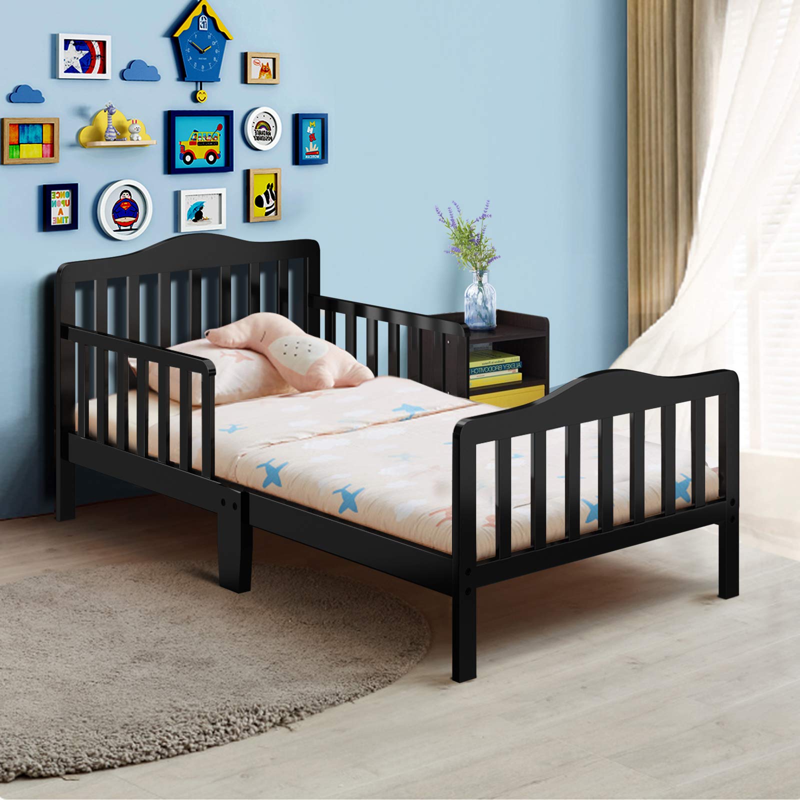 Costzon Toddler Wood Bed with Safety Rail - Low Floor Design for Boys & Girls - Perfect for Nursery & Kids' Room