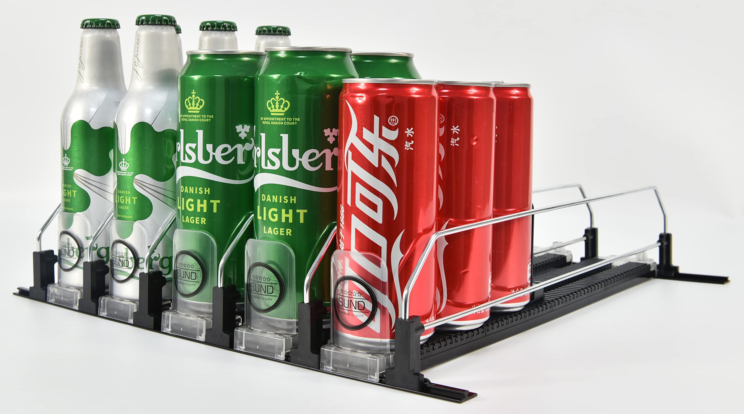 Adjustable 5-Wide Refrigerator Bottle & Can Organizer - Gliding Pusher for Fridge Storage - Space-Saving Beverage Dispenser for Home, Office, or Dorm Use