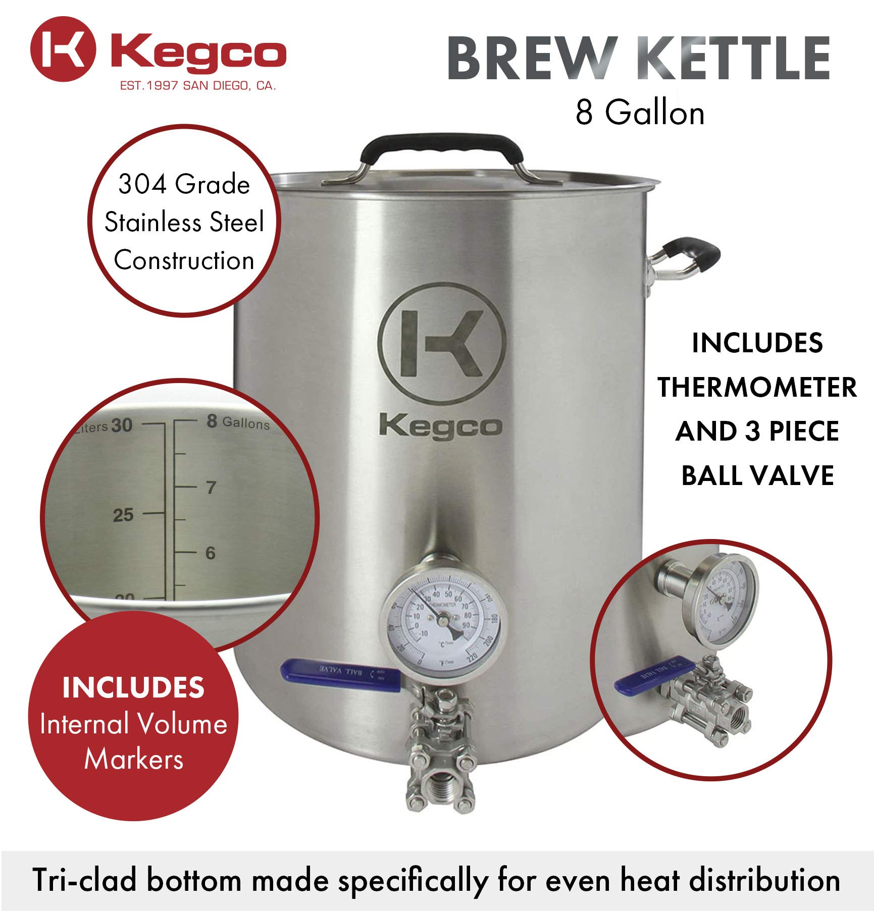 Kegco 3PXBK8-T3 8 Gallon Stainless Steel Brew Kettle for Homebrewing Beer, Wort Boiling & Craft Brewing - Perfect for Home Brewers & Small Batch Beer Making