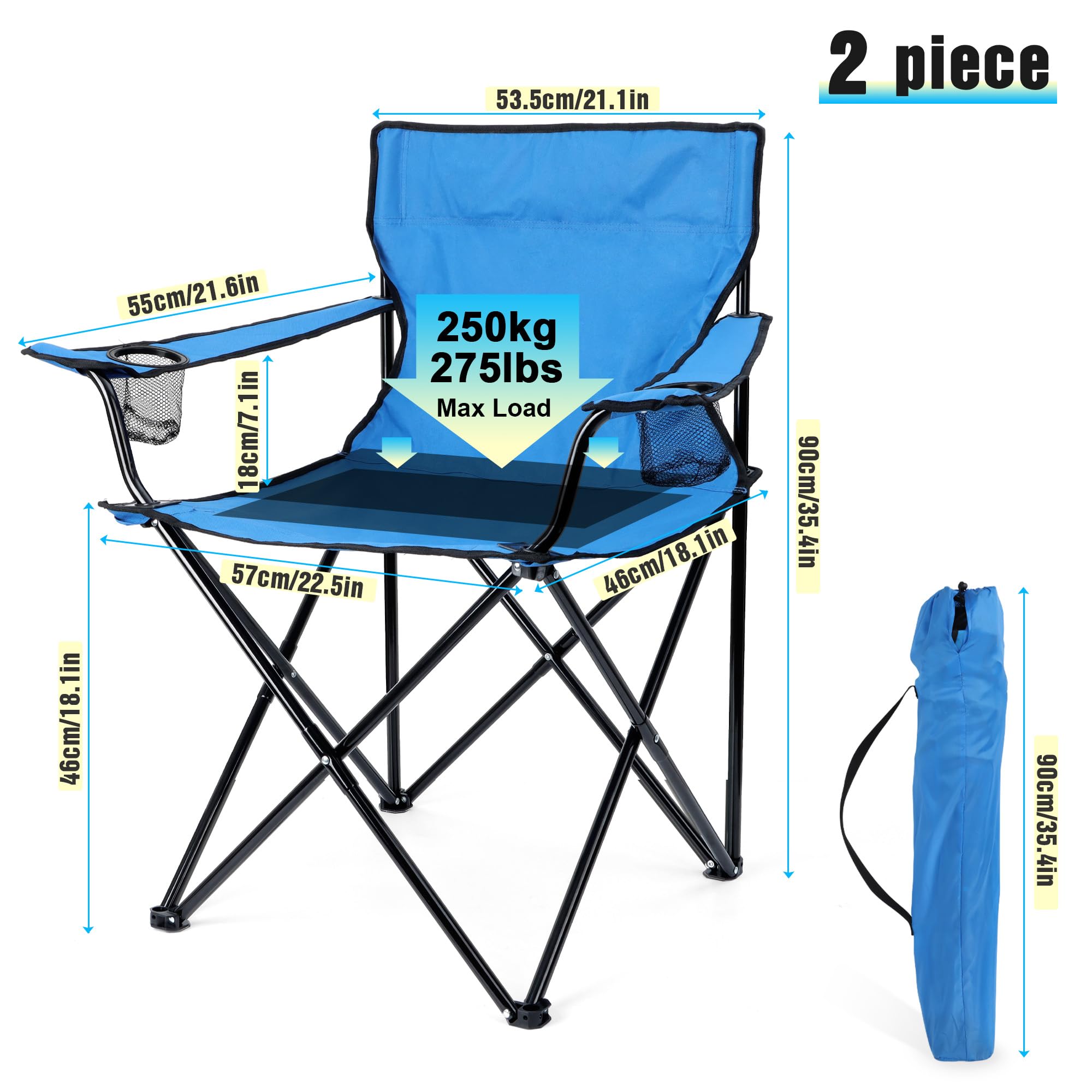 HaSteeL Foldable Camping Chair Set of 2 - Heavy Duty 275lbs Capacity Folding Chairs with Carrying Bags for Adults - Portable for Outdoor, Beach, Picnic, Travel, Hiking & Fishing - Perfect for Backyard, Camping Trips & Tailgating (Black & Blue)