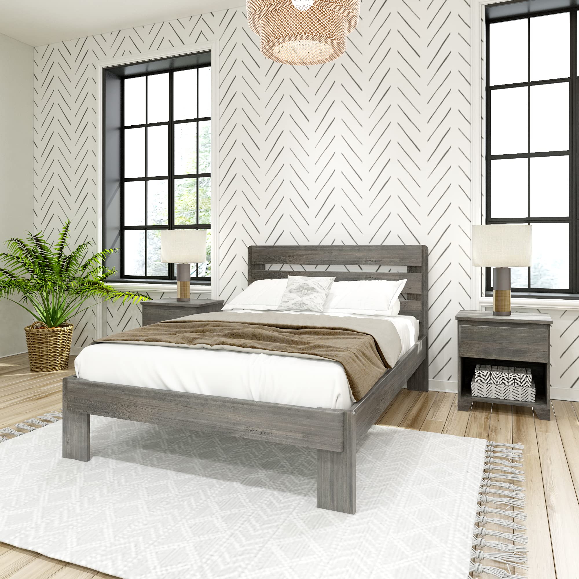 Max & Lily Modern Farmhouse Full Size Platform Bed with Plank Headboard in Driftwood Finish - Perfect for Bedroom, Guest Room & Farmhouse Style Home Decor